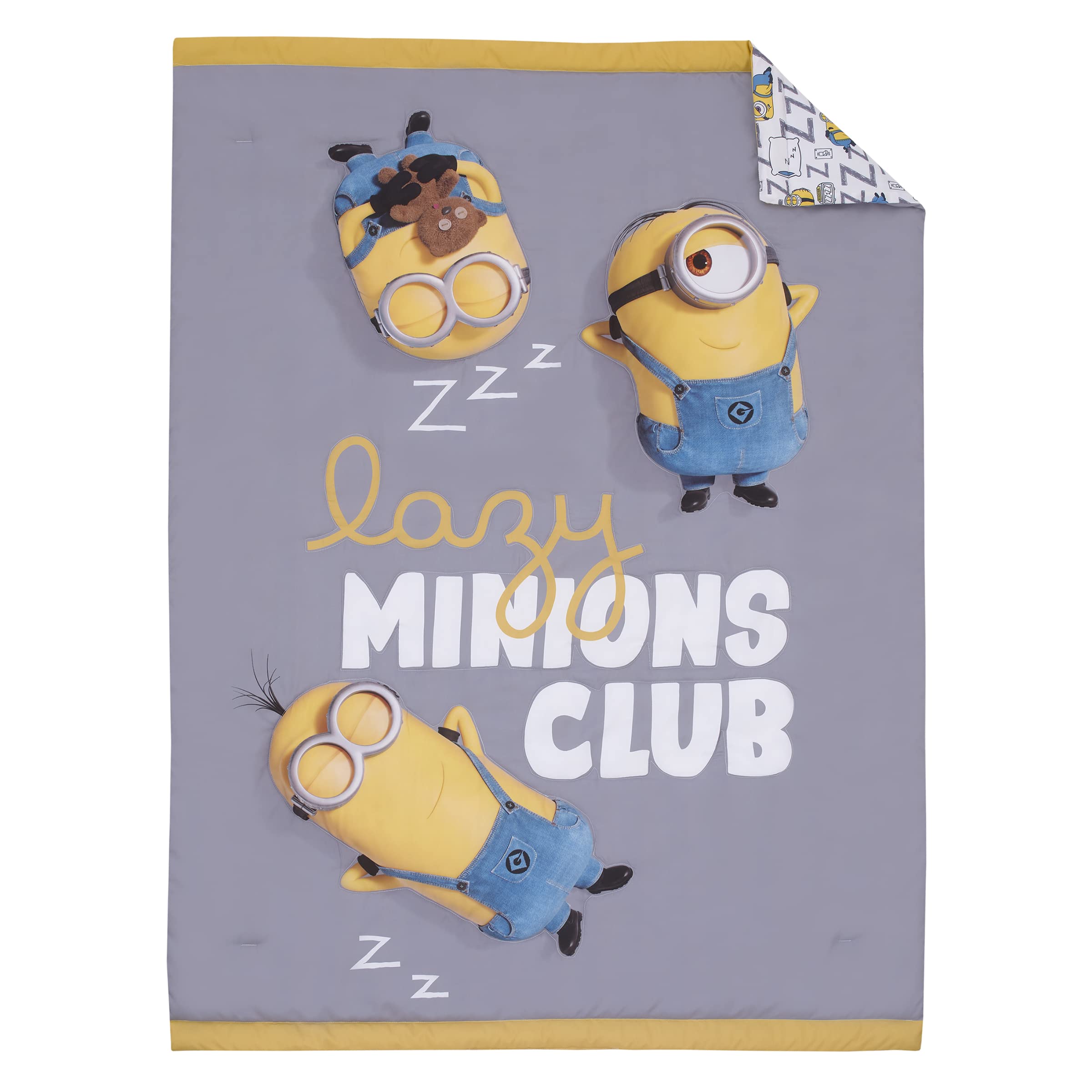 Illimuniation Lazy Minions Club Gray, Blue, Yellow, and White Let Me Sleep 4 Piece Toddler Bed Set - Comforter, Fitted Bottom Sheet, Flat Top Sheet, and Reversible Pillowcase