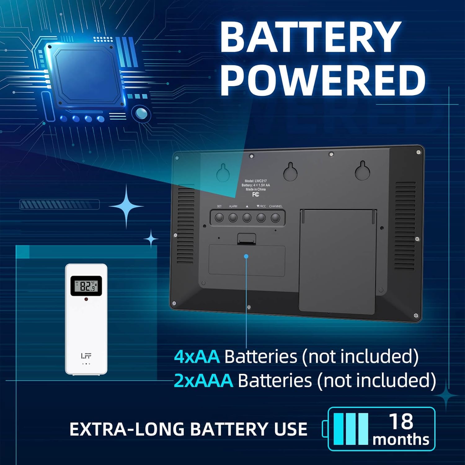 LFF Atomic Clock, Never Needs Setting, Battery Operated, Atomic Wall Clock with Indoor/Outdoor Temperature, Wireless Outdoor Sensor, Large Display Digital Calendar Clock for Elderly