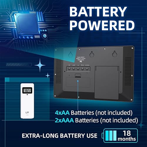 Miniatura 4 de LFF Reloj atómico, no necesita ajuste, funciona con pilas, reloj de pared atómico con temperatura interiorexterior, sensor inalámbrico para