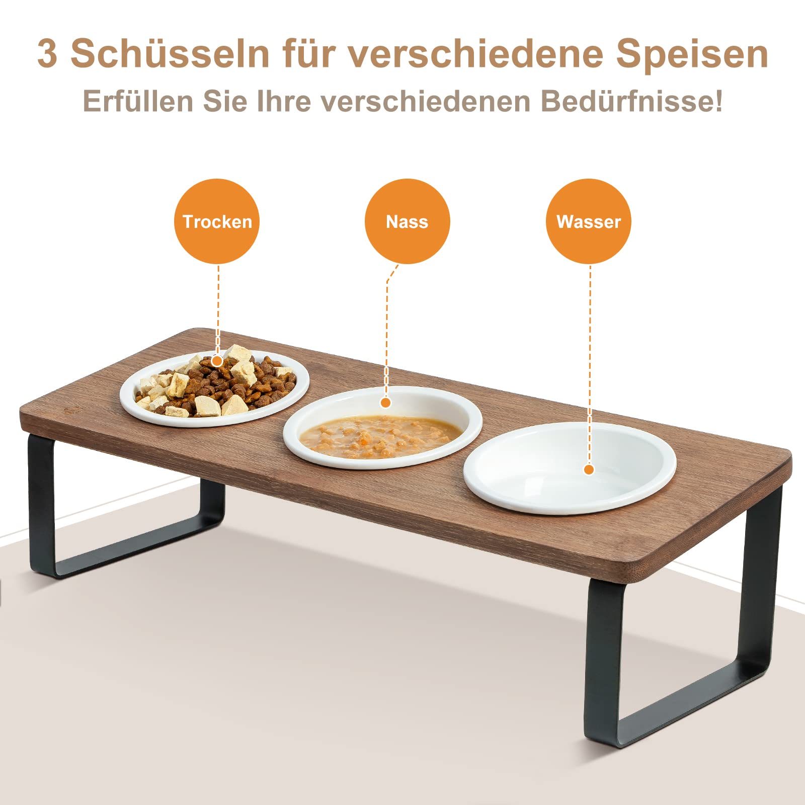 GUUSII HOME Katzennapf Erhöht Futternapf Katze Futterstation, Keramik Napf, Fressnapf 3er Set Holz, Cat Bowl Ø12cm Ergonomischer Katzennäpfe 3 Teilig Katzenfressnapf (Braun)