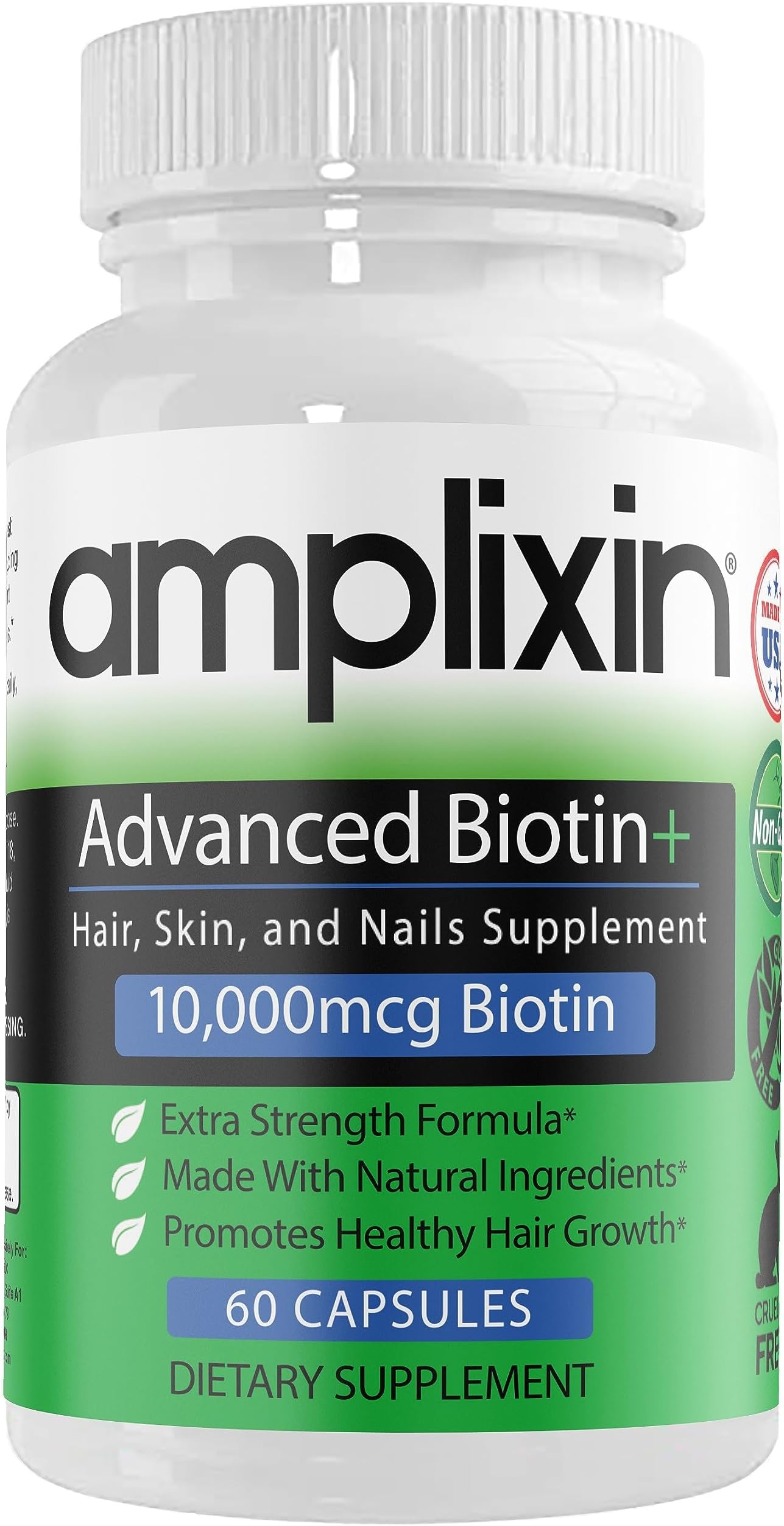 Amplixin Advanced+ Biotin Supplement - Hair Vitamins For Faster Hair Growth, Stronger Nails & Clearer Skin - Hair Loss Prevention & Nail Strengthener Product For Men & Women - 60 Capsules