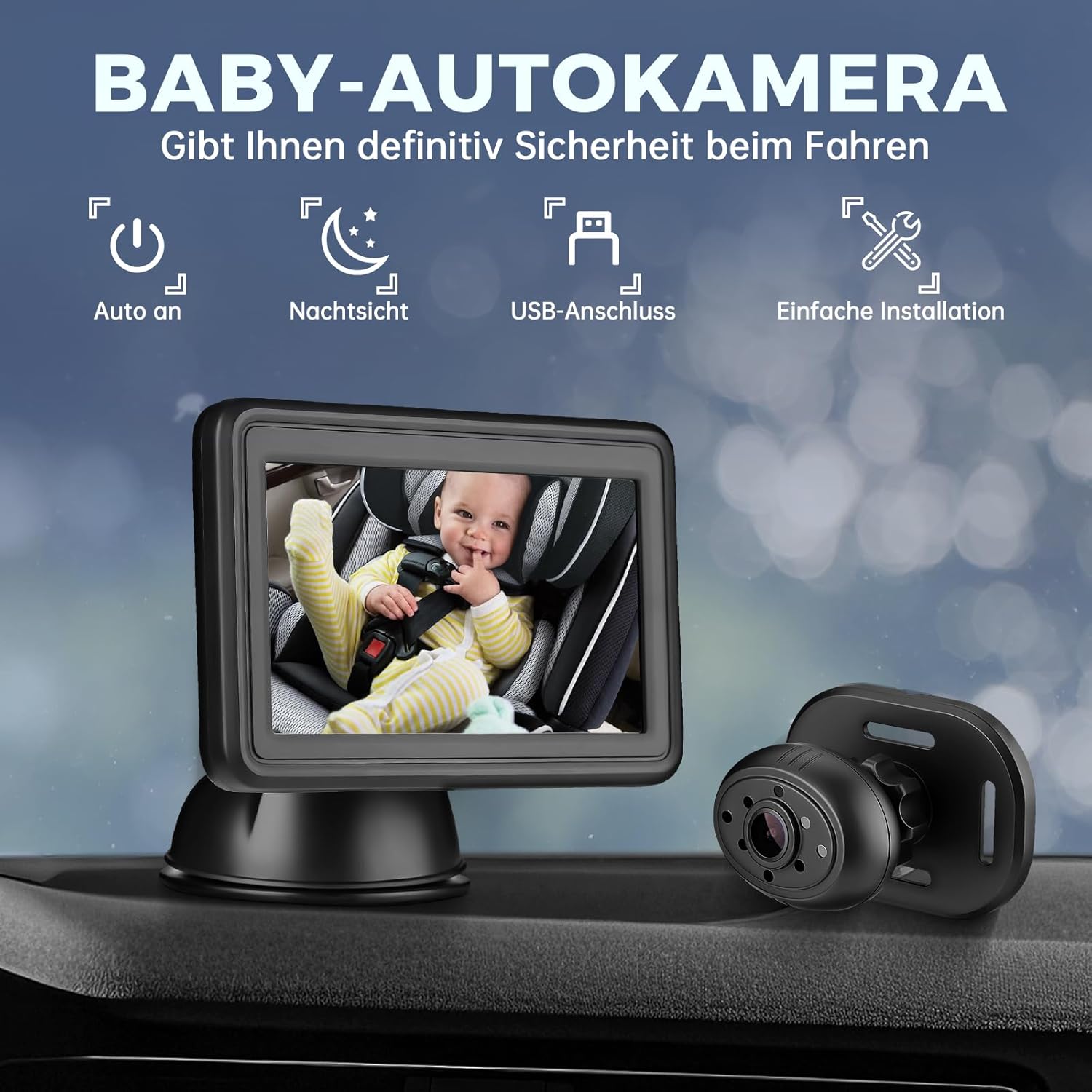 Car Camera HD 1080P Eye Protection Clear Night Vision Rear Facing Stability Rear Seat Camera with Monitor Replacement for Car Seat Travel