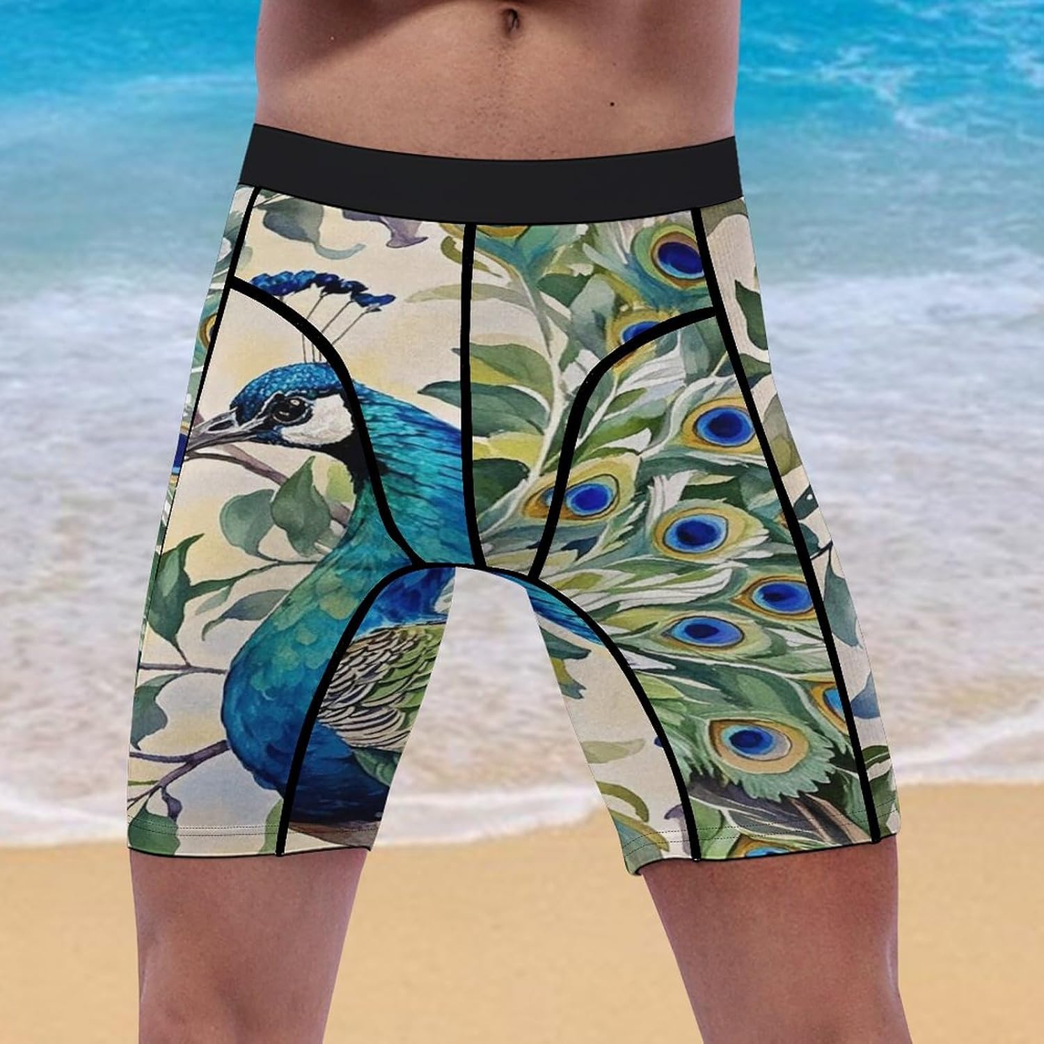Peacock Watercolor Painting Compression Shorts Men Spandex Sport Shorts Workout Performance Baselayer Underwear