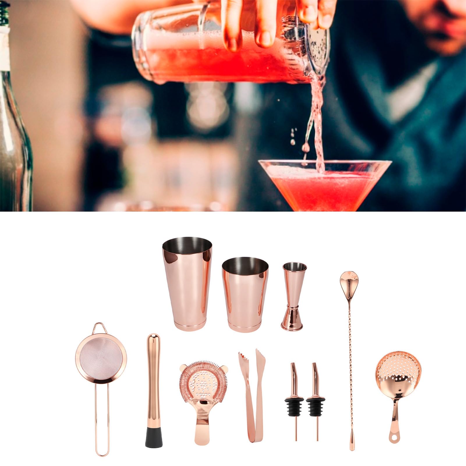 Cocoarm Coctelera de Acero Inoxidable, Kit de Barman, 11 Piezas con Colador de Cóctel, Buen Sellado, Vertido sin Goteo para el Hogar, Bar, Fiesta, Principiantes y Amantes de los Cócteles (Oro Rosado)