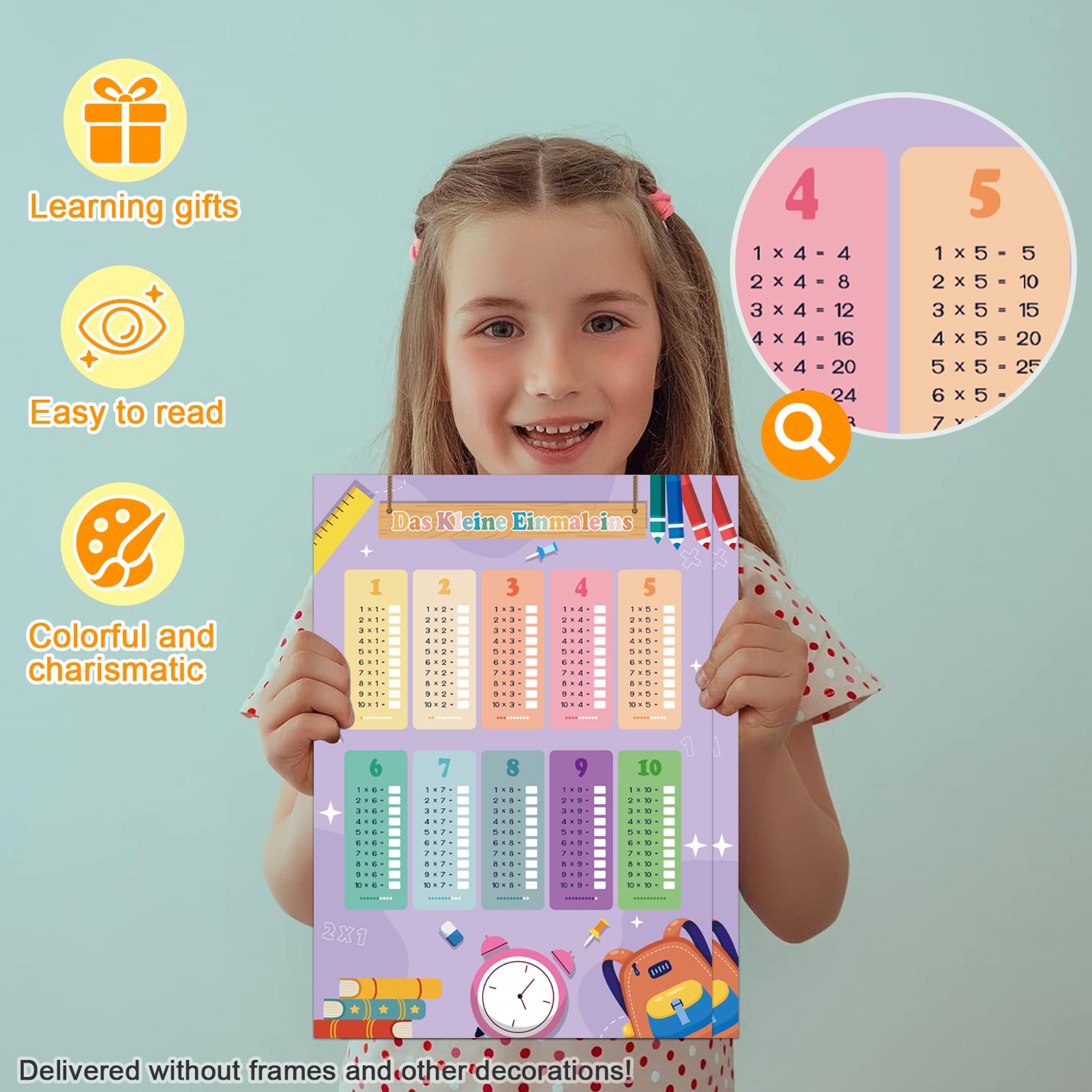 Póster de aprendizaje 1x1 para niños con 4x hojas de ejercicios, entrenador de tablas de multiplicar para niños