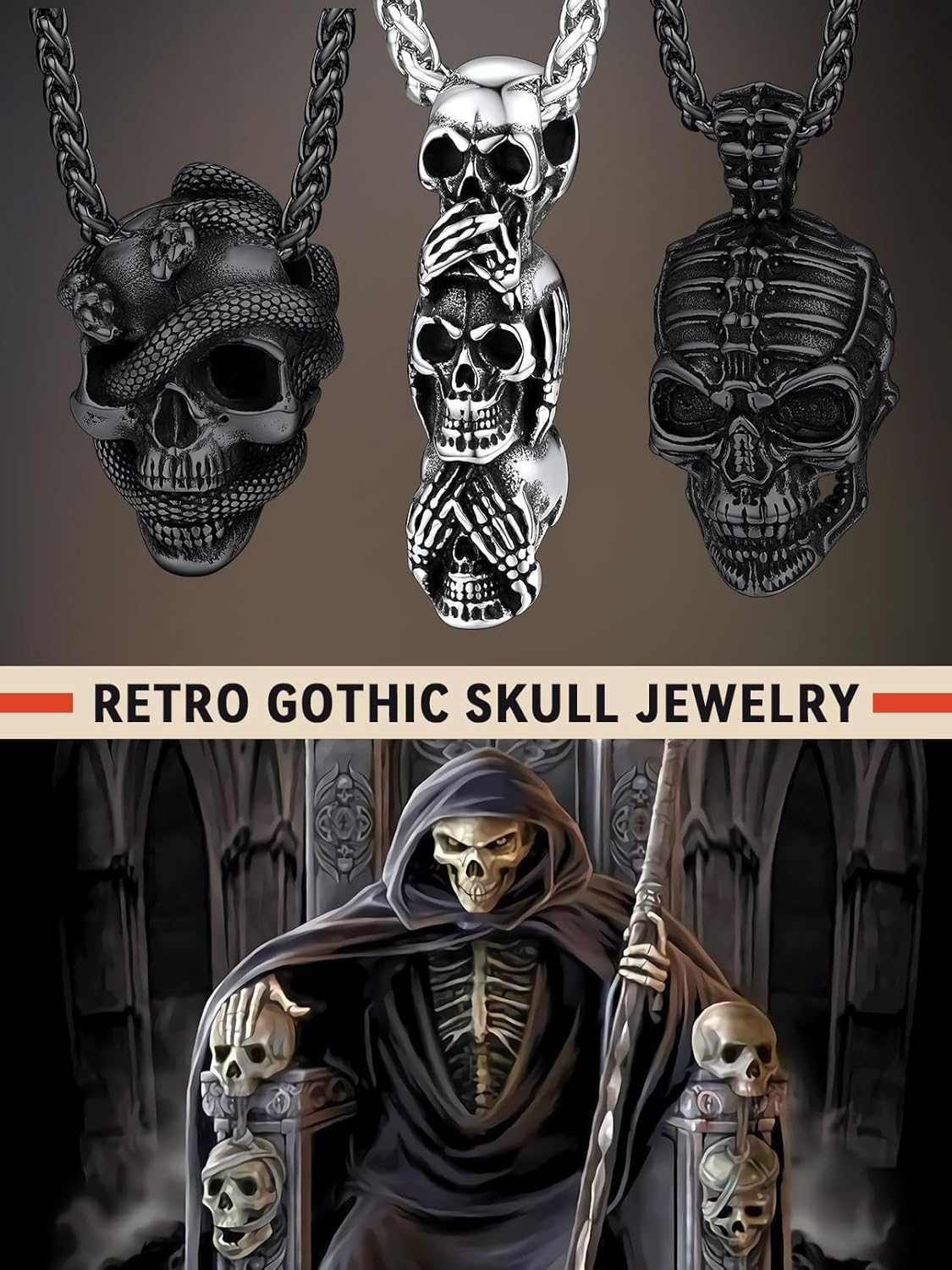 FaithHeart Skull Necklace, Punk Skeleton Pendant, Stainless Steel Cool Gothic Skull Jewelry Customizable with Gift Packaging - Image 2