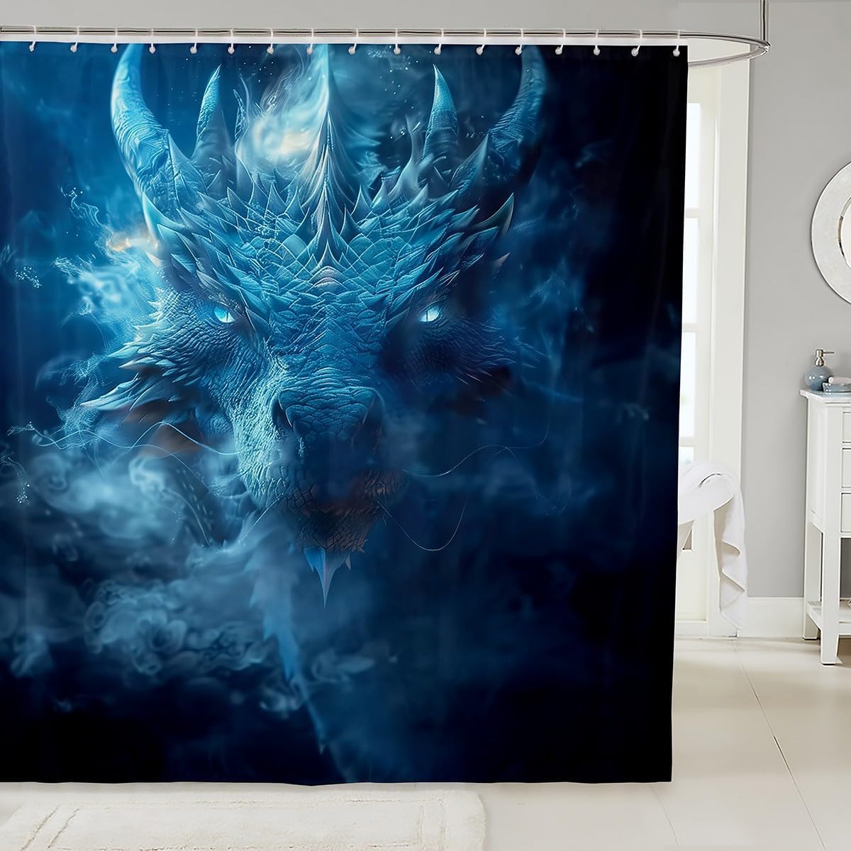Erosebridal Western Dragon Shower Curtain for Boys Bathroom 72" Wx84 L Magical Dragon Kids Bathroom Curtain Teen Men Fantasy Animal Print Bath Curtain Hippie Blue Fire Bathroom Accessories 12 Hooks