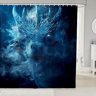 Erosebridal Western Dragon Shower Curtain for Boys 72" Wx72 L Magical Dragon Kids Bathtub Curtain for Teen Men Fantasy Animal Print Hippie Blue Fire Bathroom Accessories 12 Hooks