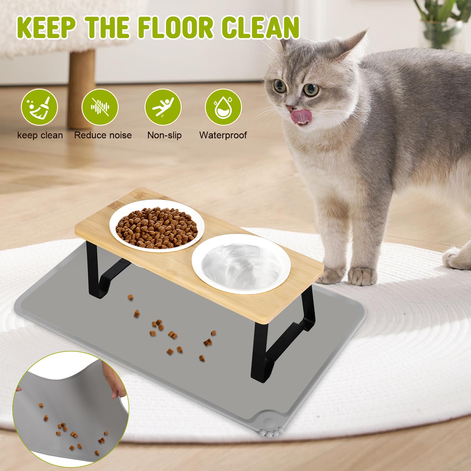 Ciotole Rialzate Per Gatti In Ceramica - Set 2 Ciotole Inclinate 15° Con Supporto Bambù - Foto 11