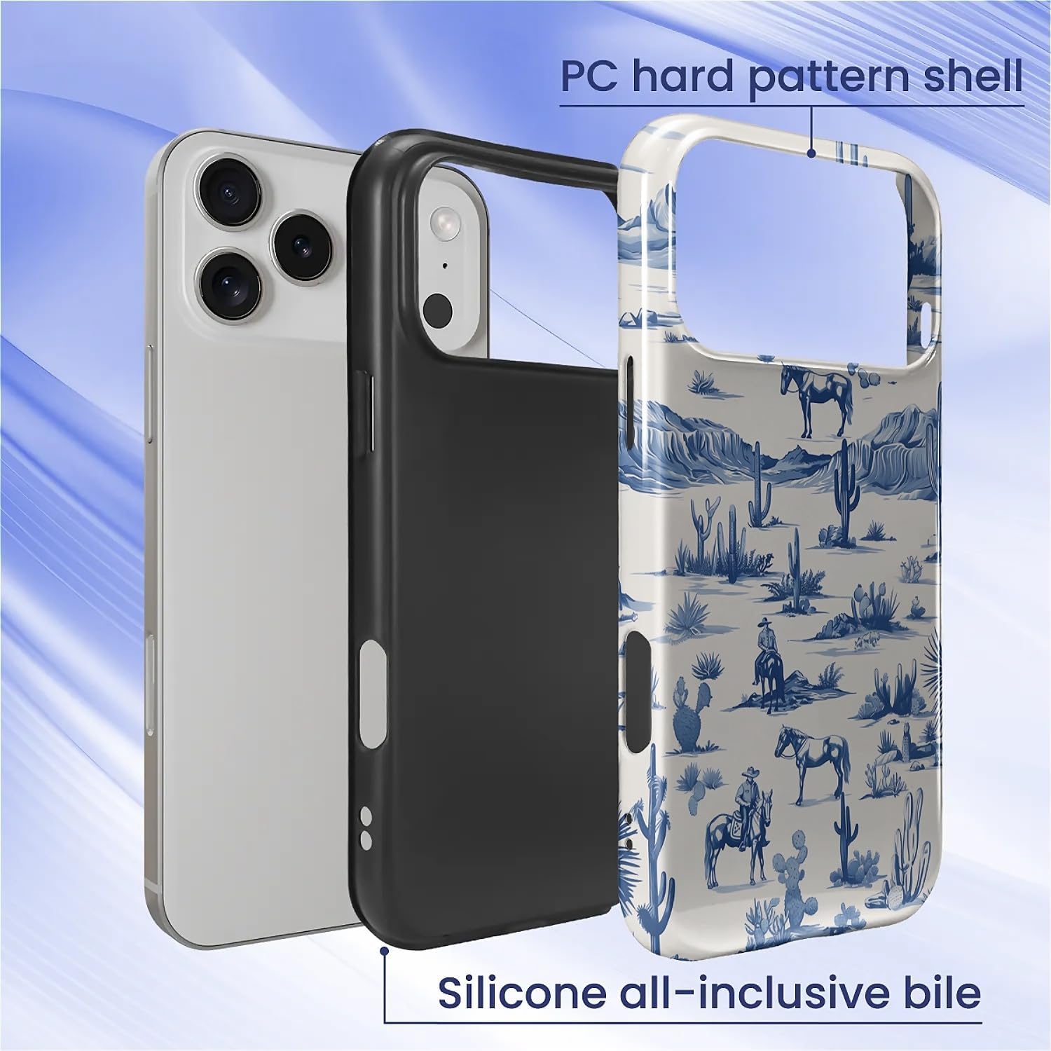 for iPhone 17 Pro Max Case, Hybrid 2-Layer Silicone Protective Glossy Case for Girl Women for iPhone 17 Pro Max Western Cowboy Horse Cow Desert Cacti Pattern - Image 3