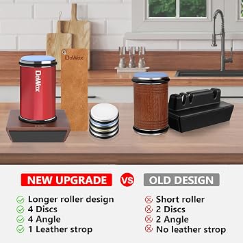 Knife Sharpener,Longer Rolling Knife Sharpener Kit,Diamond & Ceramic Knife Sharpening System with Leather Strop,4 Angle Guide, Replaceable Discs for All Kitchen Knives