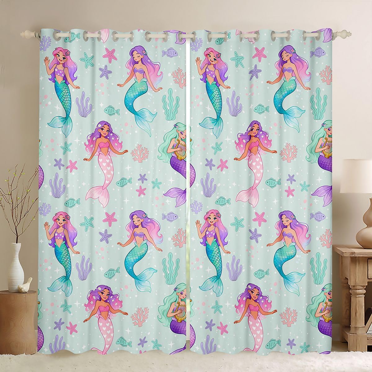 Homemissing Tende oscuranti a sirena, per camera da letto, soggiorno, motivo squame di pesce, arcobaleno, 2 pannelli, 117 x 183 cm (larghezza x lunghezza), animali marini, decorazione per camera da
