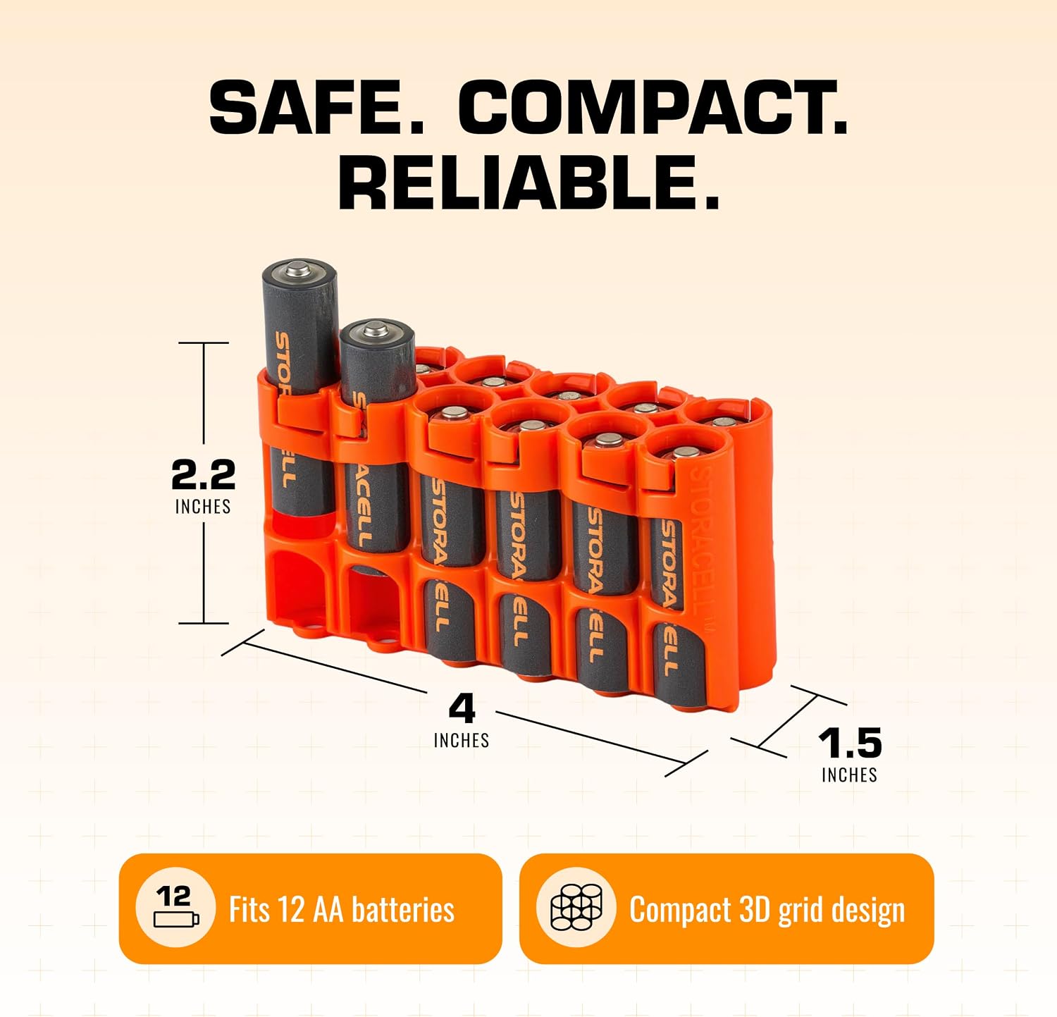 Storacell AA-12 Battery Storage Caddy and Dispenser (Pack of 2), Orange, Holds 12 AA Batteries (Not Included), Durable & Compact Design, The Original Battery Caddy, Made in The USA
