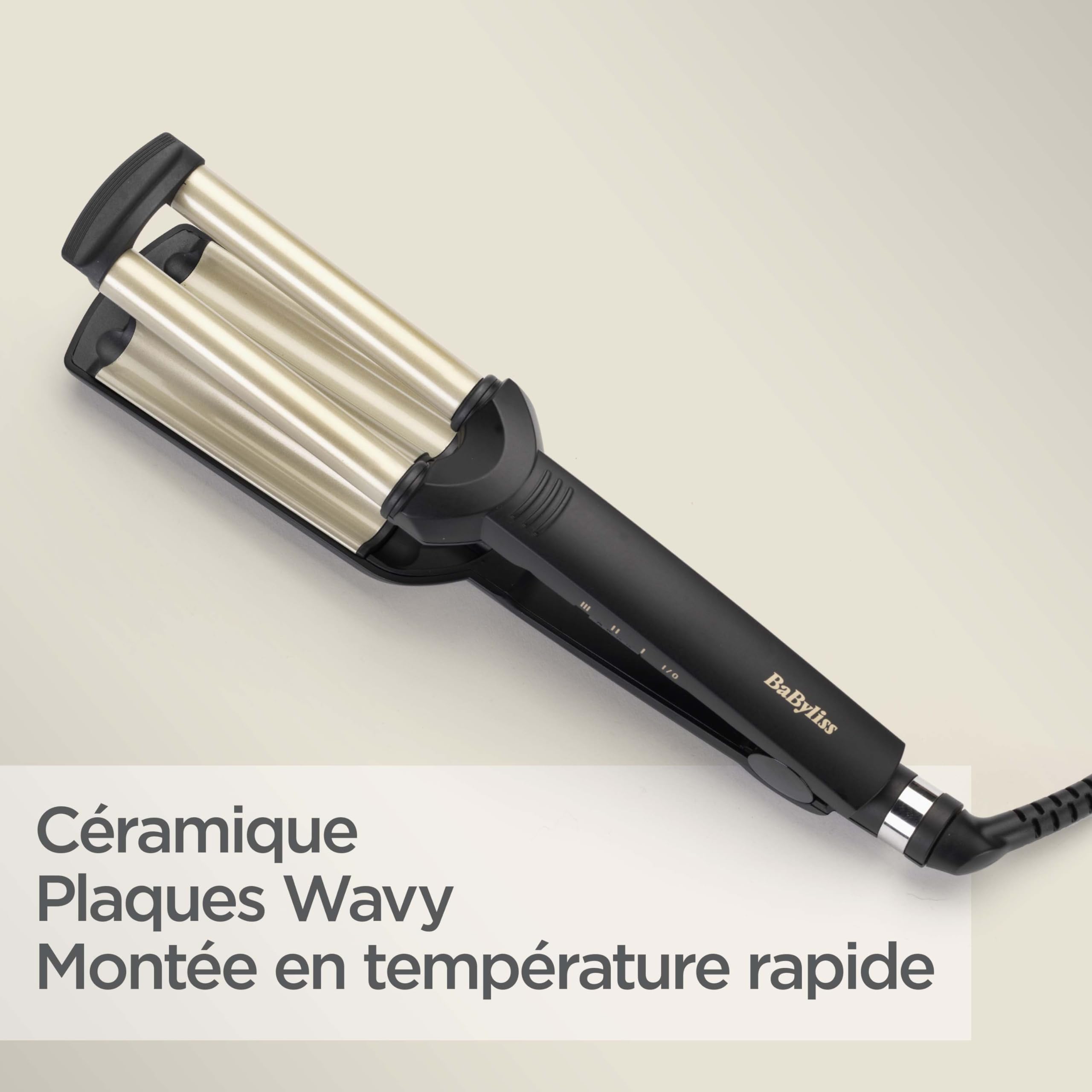 BaByliss Easy Waves - Effet wavy, Revêtement Titane-céramique, 3 réglages de température, Embouts thermorésistants, Doré & Noir, C260E