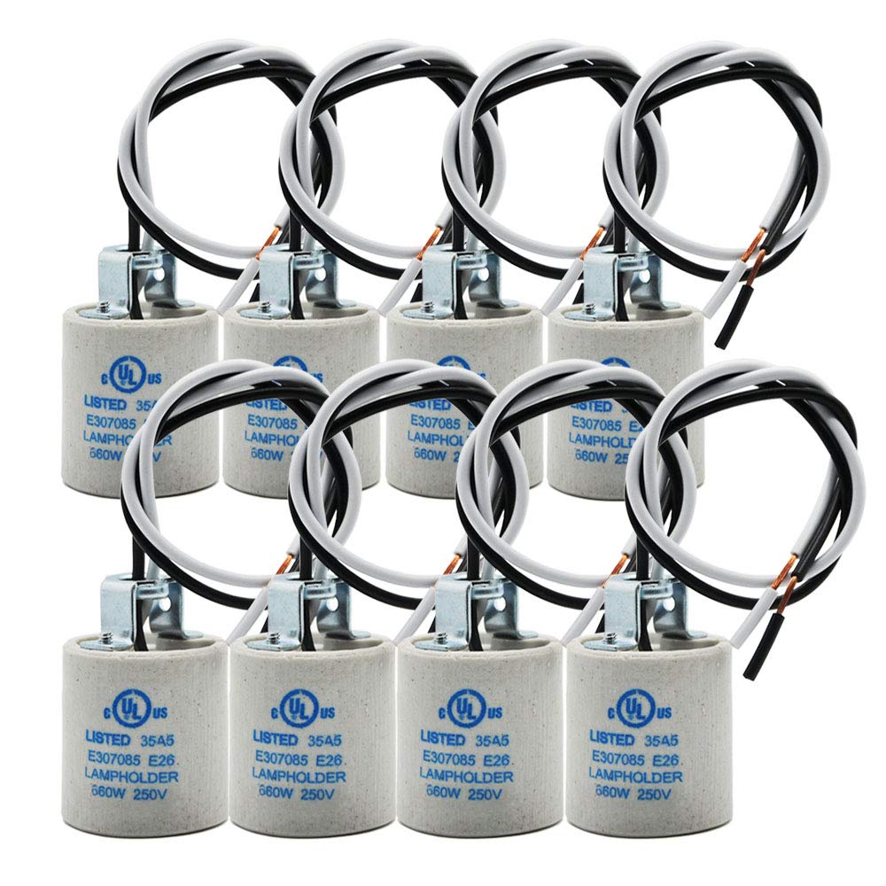 EMNOOTI E26 Socket,Ceramic Standard Medimun Screw Socket E26 E27 Bulb Lamp Holder,E26 Light Socket with Wire Lead for Halogen Incandescent LED Light Bulb (8-Pack)
