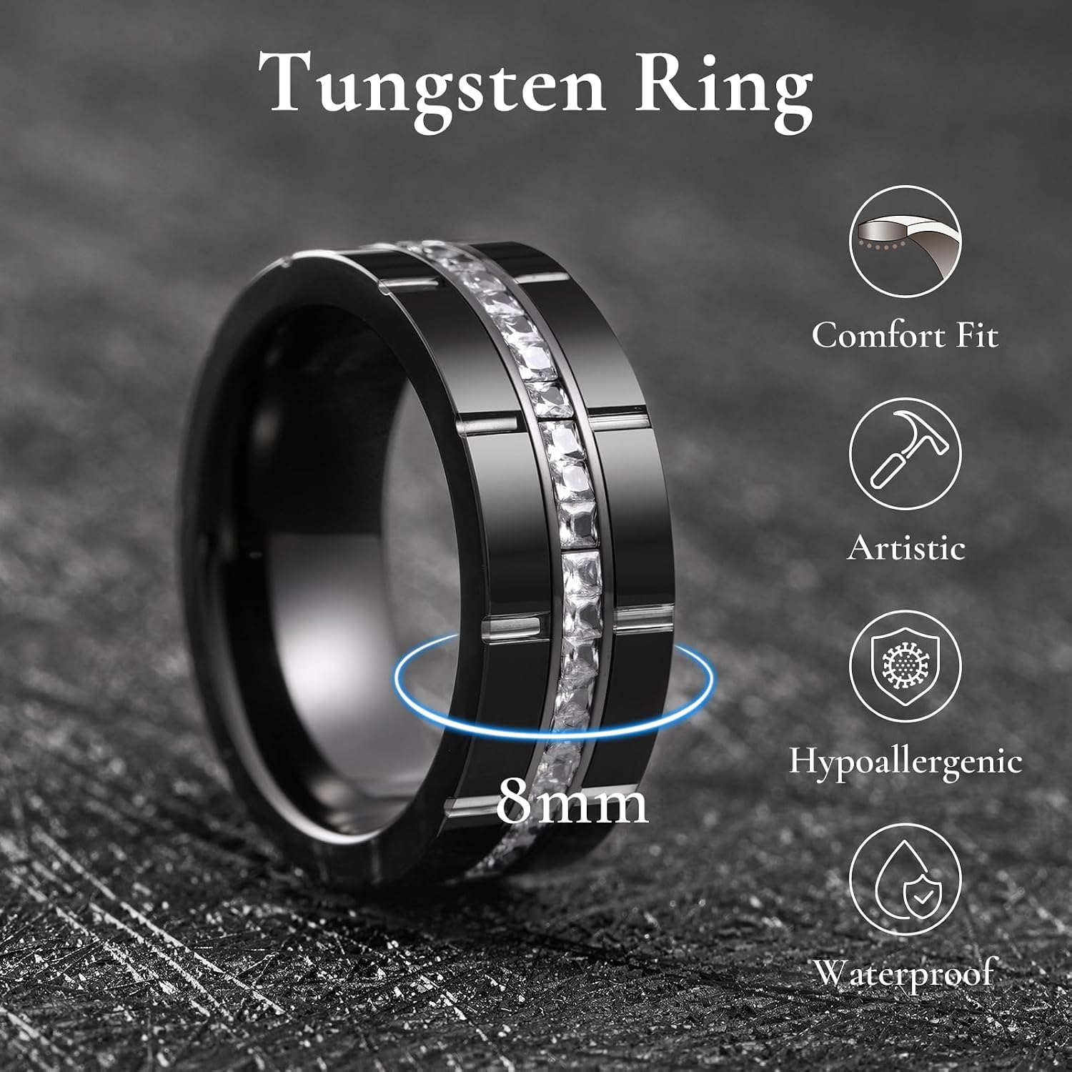 King Will 8mm Tungsten Wedding Ring for Men Women Centre Groove Unisex Wedding Band with White Cubic Zircon