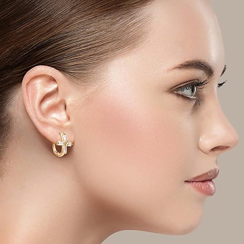 Miniatura 3 de Aretes de aro chapados en oro de 14 quilates con circonita cúbica, tres filas de diamones, flechas, doble fila de diamantes para mujer