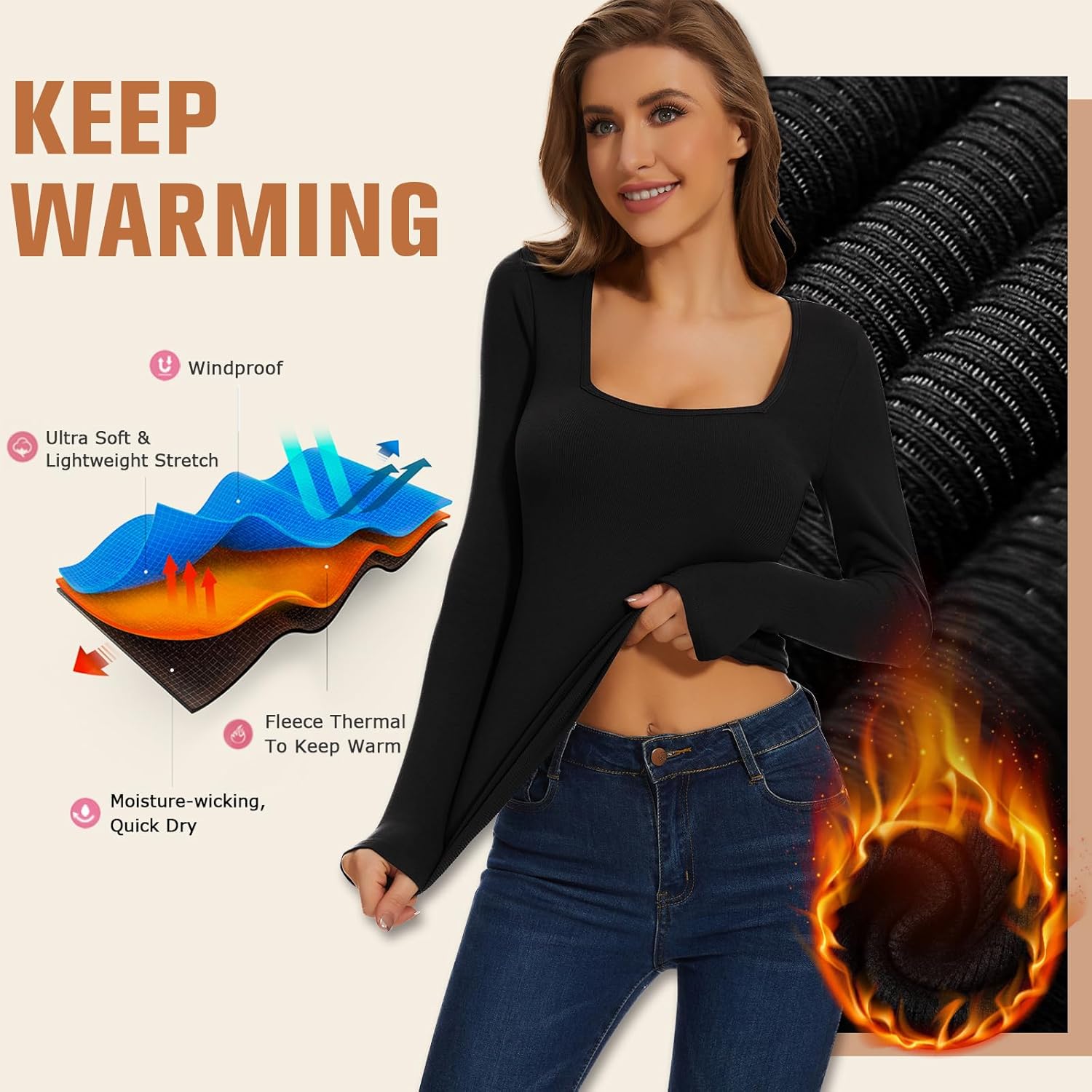 WOWENY Women Thermal Long Sleeve Shirt Fleece Lined Basic Fitted Tops Lace V Neck Undershirts Winter Tight Base Layer - Image 4