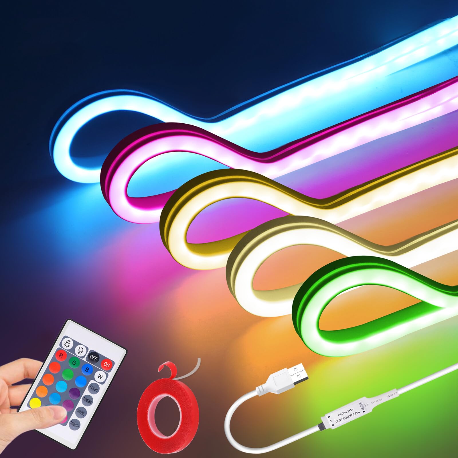 Striscia LED RGB 5V con controller, flessibile impermeabile IP67, 108 LED/m Striscia neon LED da 5m CIR85+, 5,5cm tagliabile una volta, decorazione domestica