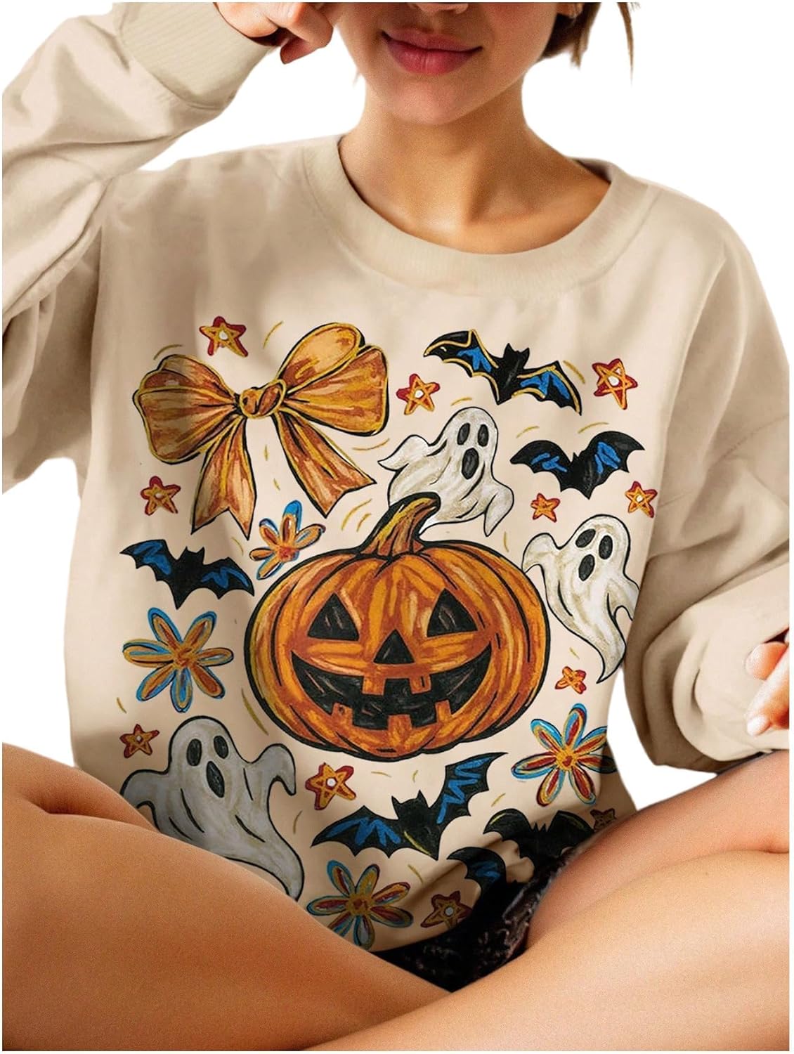 SweatyRocks Women's Pumpkin Ghost Graphic Fleece Oversize Sweatshirts Halloween Long Sleeve Crew Neck Loose Pullover Sweater - Image 3
