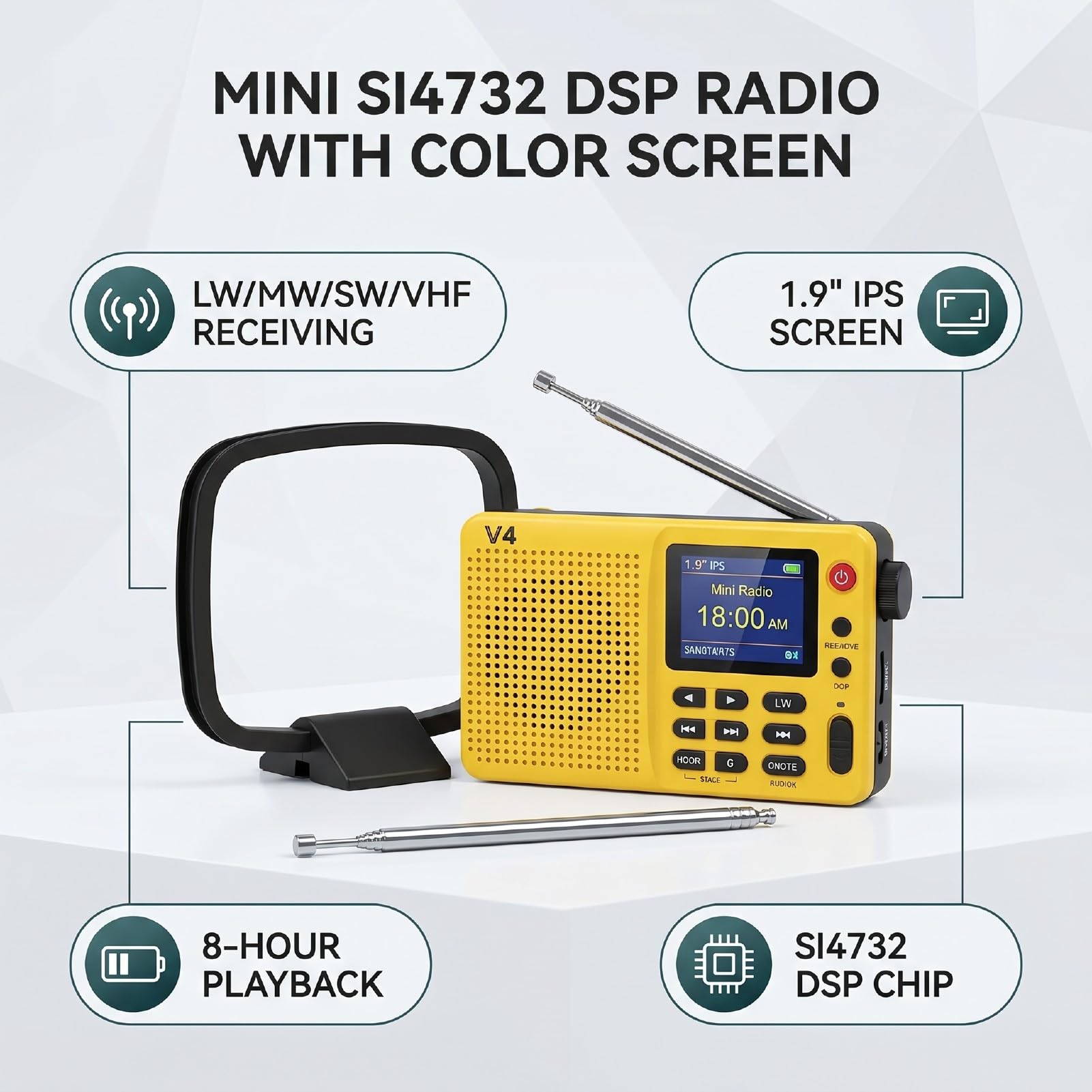 Fabater V4b ATS MINI DSP-Radio, ESP32-S3- und SI4732-Chip, Multiband-AM/FM/LSB/USB-Empfänger, 1,9-Zoll-IPS-Farbbildschirm, mit Kopfhörerverstärker und Hi-Z-Schaltung