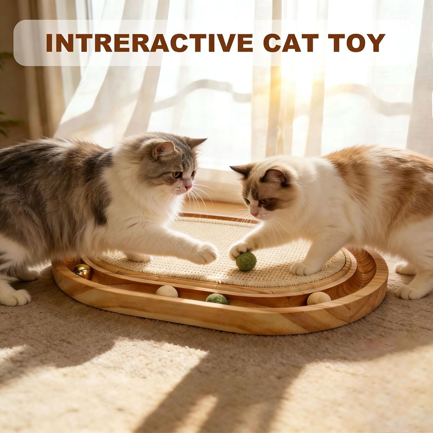 Sisal Cat Scratcher Toy with Ball Track, Interactive Cat Toy for Indoor Cats, Natural Sisal Cat Scratch Pad, Sturdy Solid Wood Frame, Physical Exercise for Kitty & Medium Cat