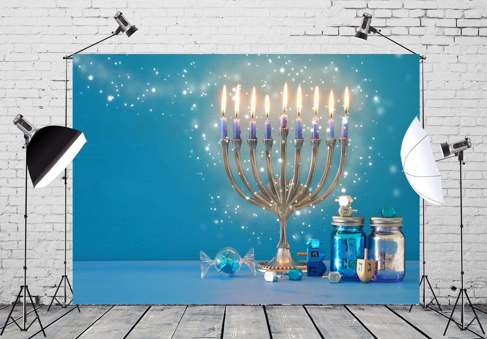 20x10ft Fabric Happy Hanukkah Backdrop Holy Stars Israeli Candlestick