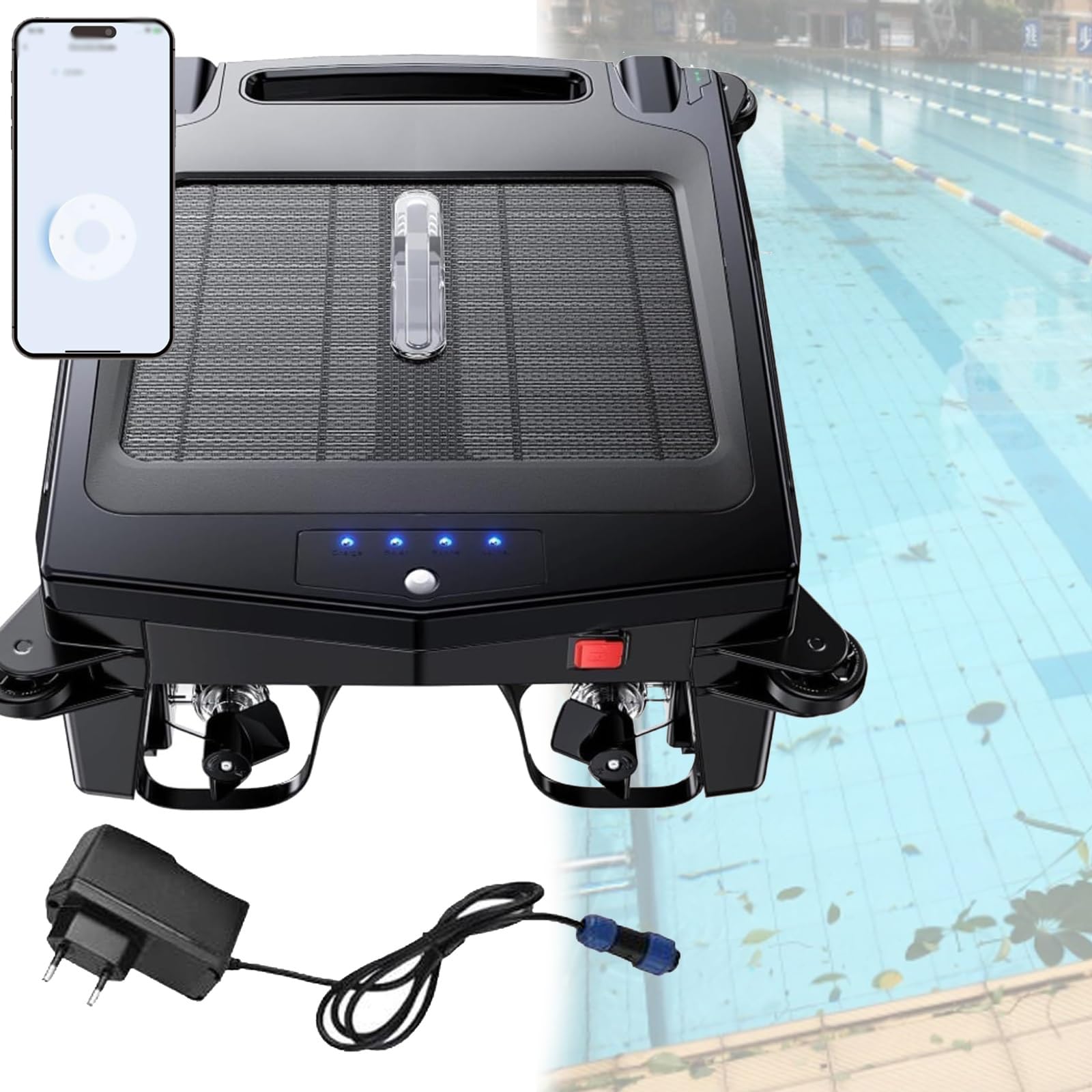 Skimmer robótico de piscina alimentado por energía solar con carga dual, batería de limpieza 24/7, limpiador de superficies inalámbrico, soporte de aplicación para un mantenimiento sin esfuerzo de la