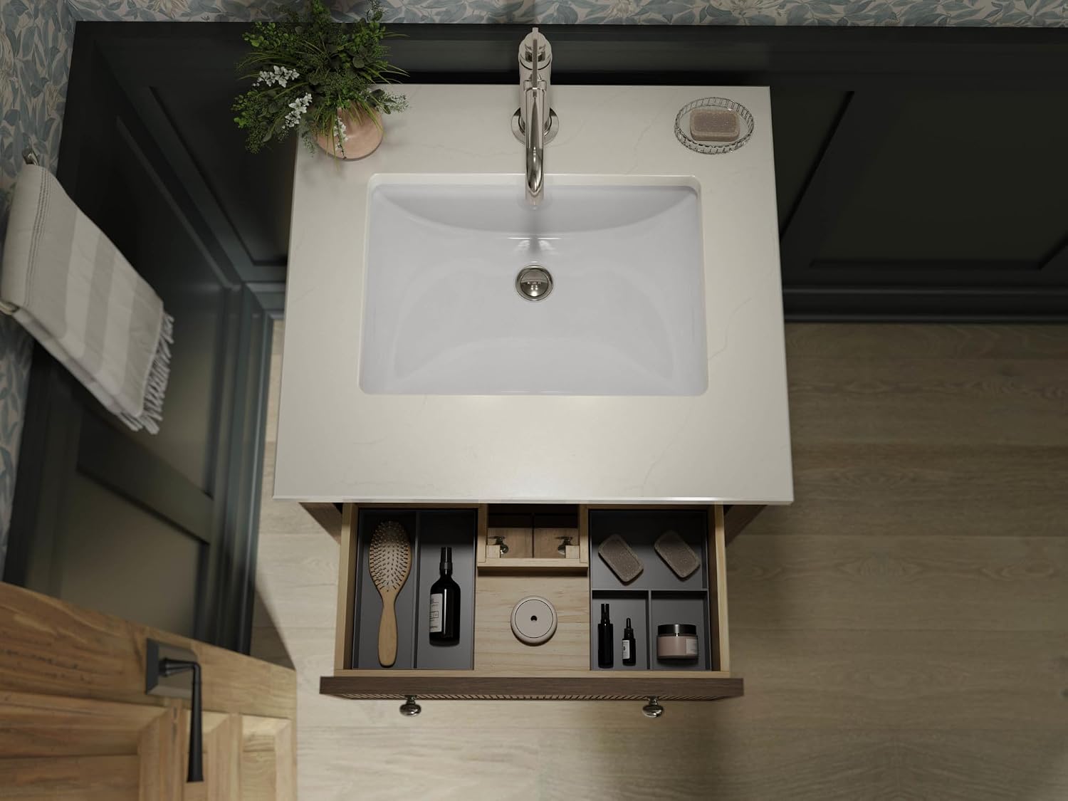 KOHLER 35018-DAK Malin by studio mcgee 24 in. bathroom vanity cabinet with sink and quartz top, Draper Oak