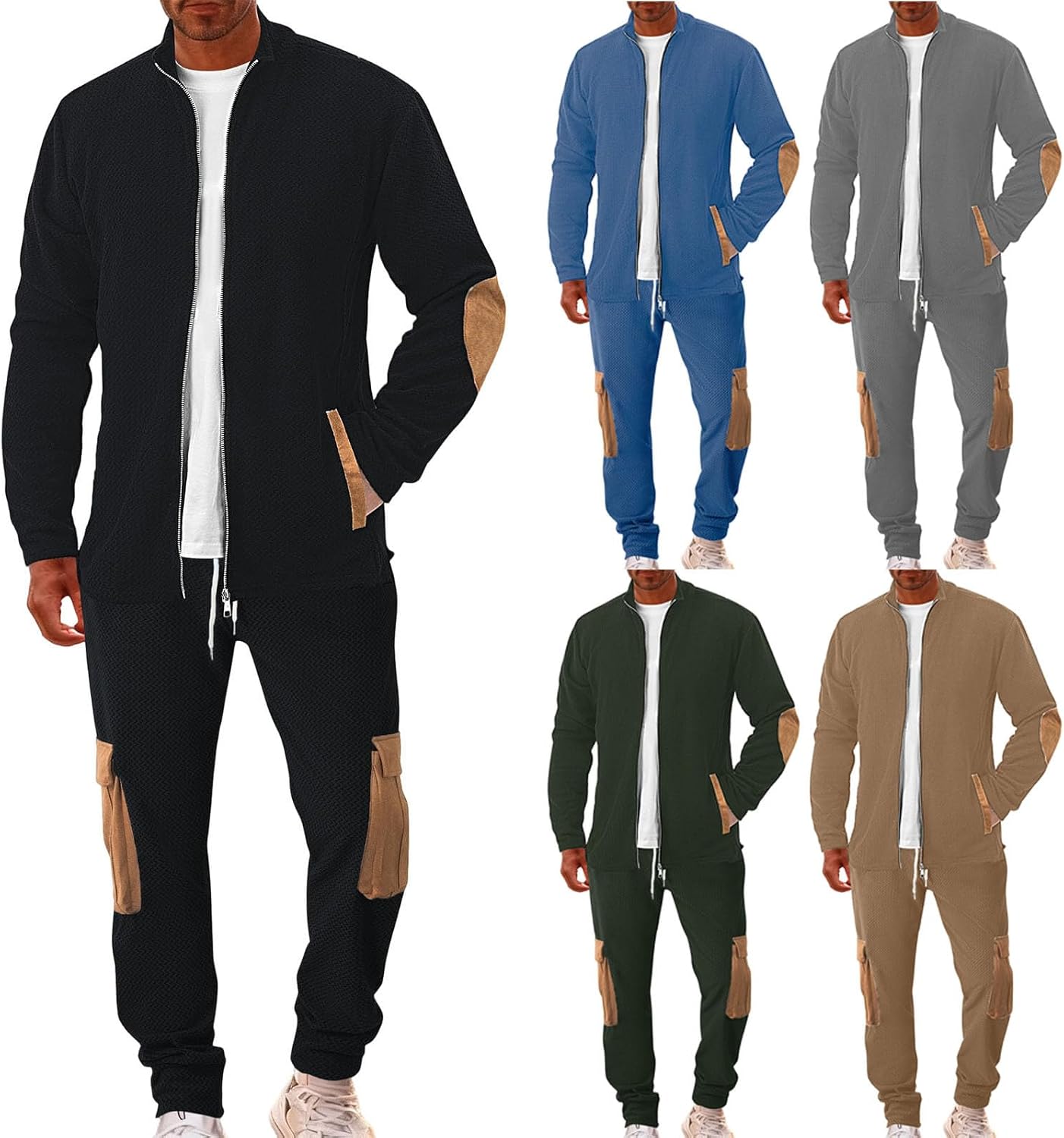 Cambkatl Men's Winter Tracksuit Sets Warm Fleece Lined Stand Collar Zipper Jackets Cargo Sweatpants 2 Piece Jogging Suits