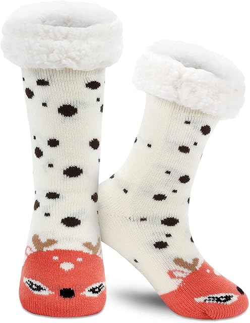 Women Fluffy Slipper Socks - Winter Non-Slip Fleece Lined Warm Slipper Socks Super Soft Cozy Fuzzy knitted Slipper Socks for Women Girls