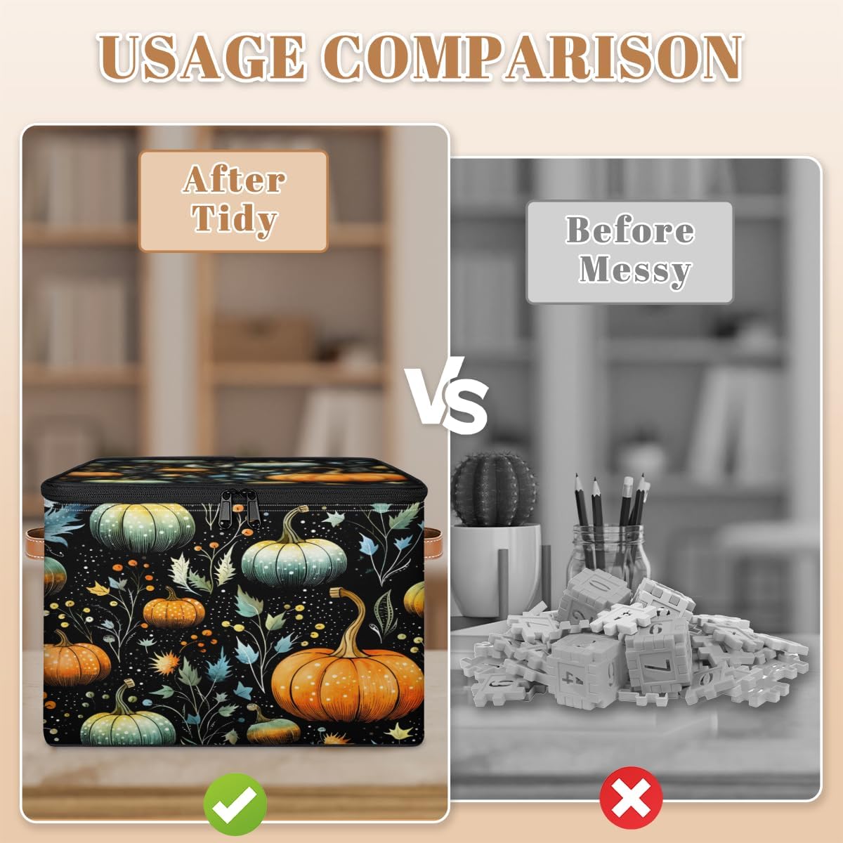 Storage Bin Set of 2 Pumpkin Leaves Storage Basket with Zipper Lid & Handle Foldable Closet Shelf 2 Pack Cloth Organizer Basket Cube Bins Clothes Organizer for Bedroom, Nursery