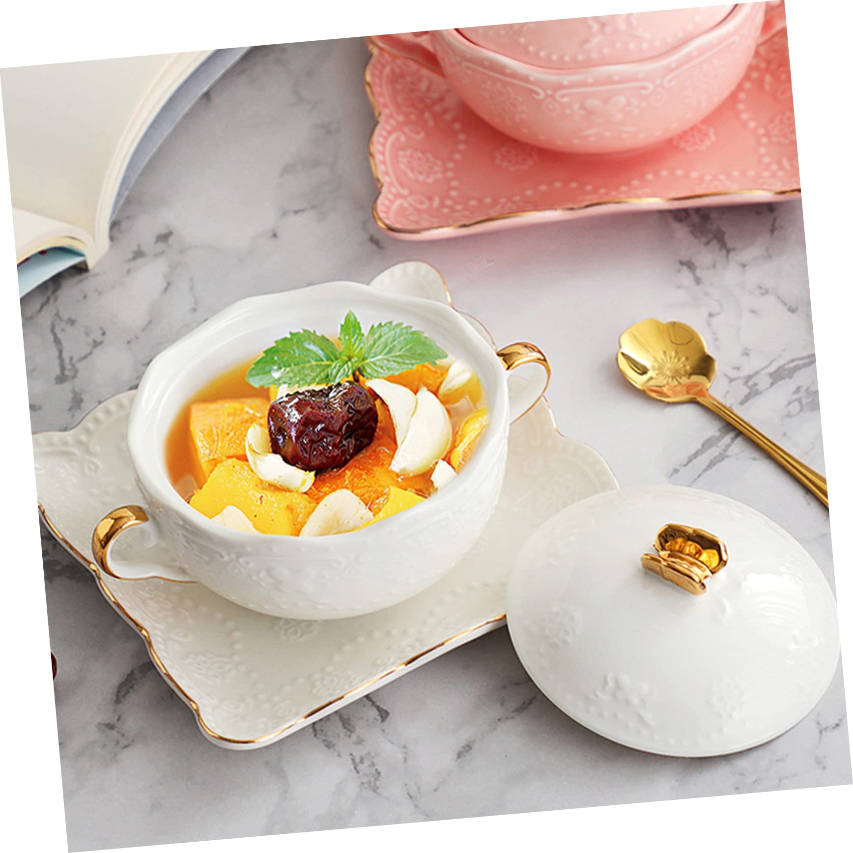 Cuenco de Postre de Doble Asa 1 Juego Cerámica de Color Claro