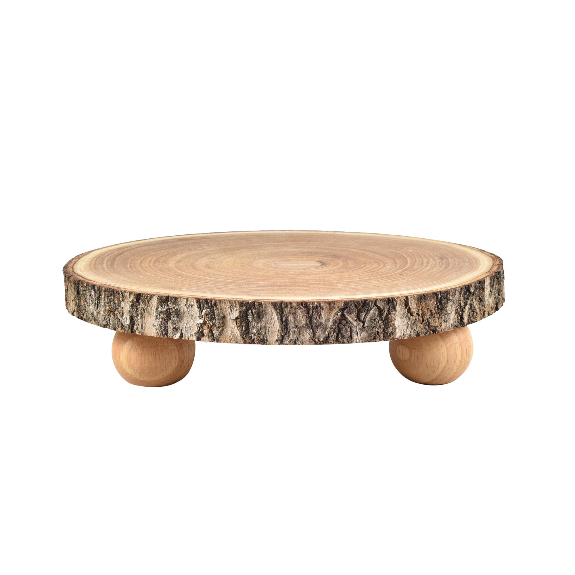 Timber Tree 10 inch Wood Cake Stand for Dessert Table - Round Rustic Cake Holder Tray Wooden Serving Platter Pedestal Centerpiece Decoration with Sturdy Hinged Metal Legs for Wedding Cakes