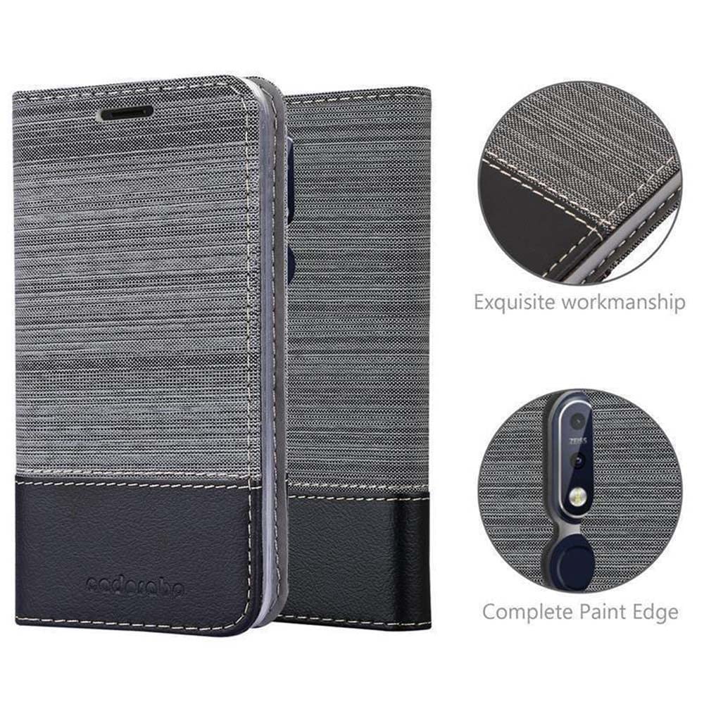 Custodia Portafoglio Per Nokia 7.1 (2018) - Cover Libro Con Tessuto Grigio E Nero, Chiusura Magnetica E Vani Carte