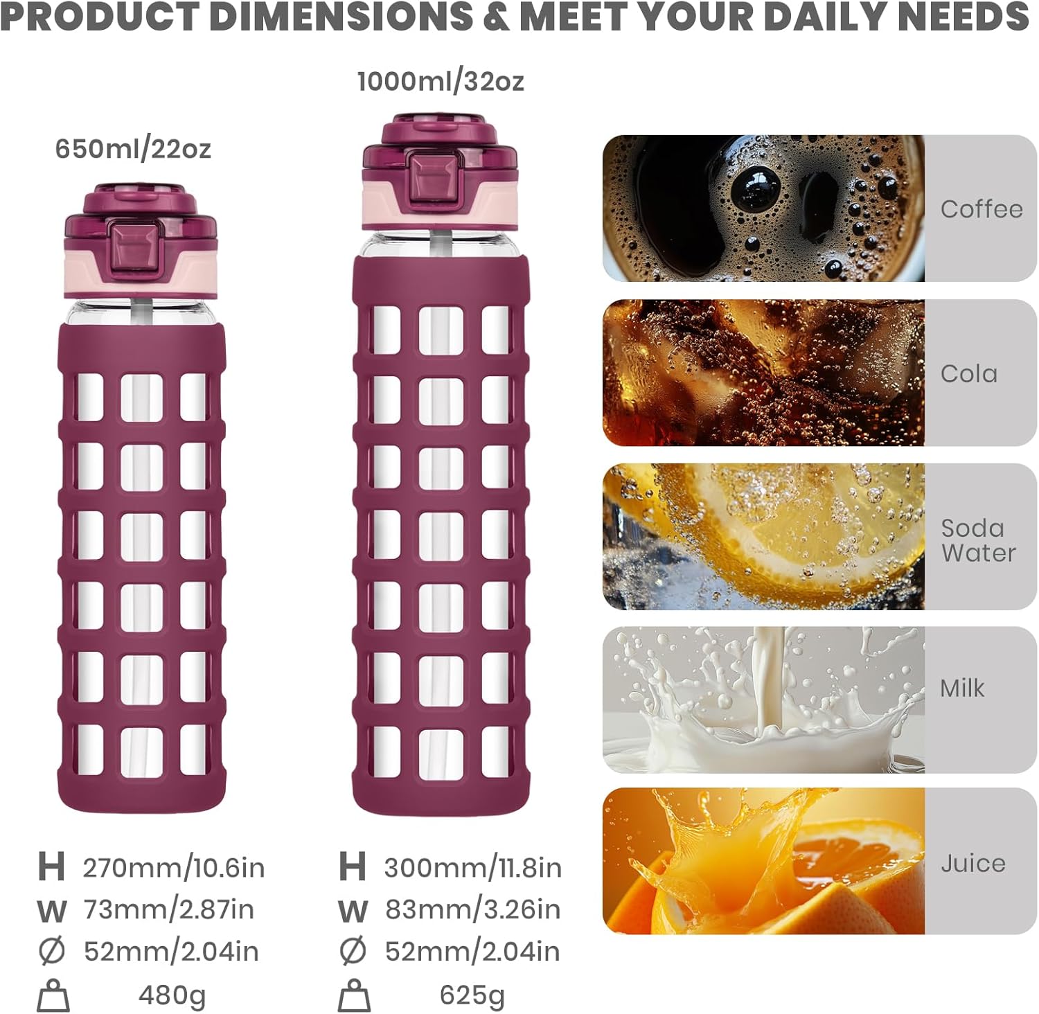 32oz/22oz Glass Water Bottle with Straw Handle Flip lids, leakproof, BPA free, Borosilicate Glass Bottles, with Protective Non-Slip Silicone Sleeve Sports Glass Drinking Bottles Red - Image 2