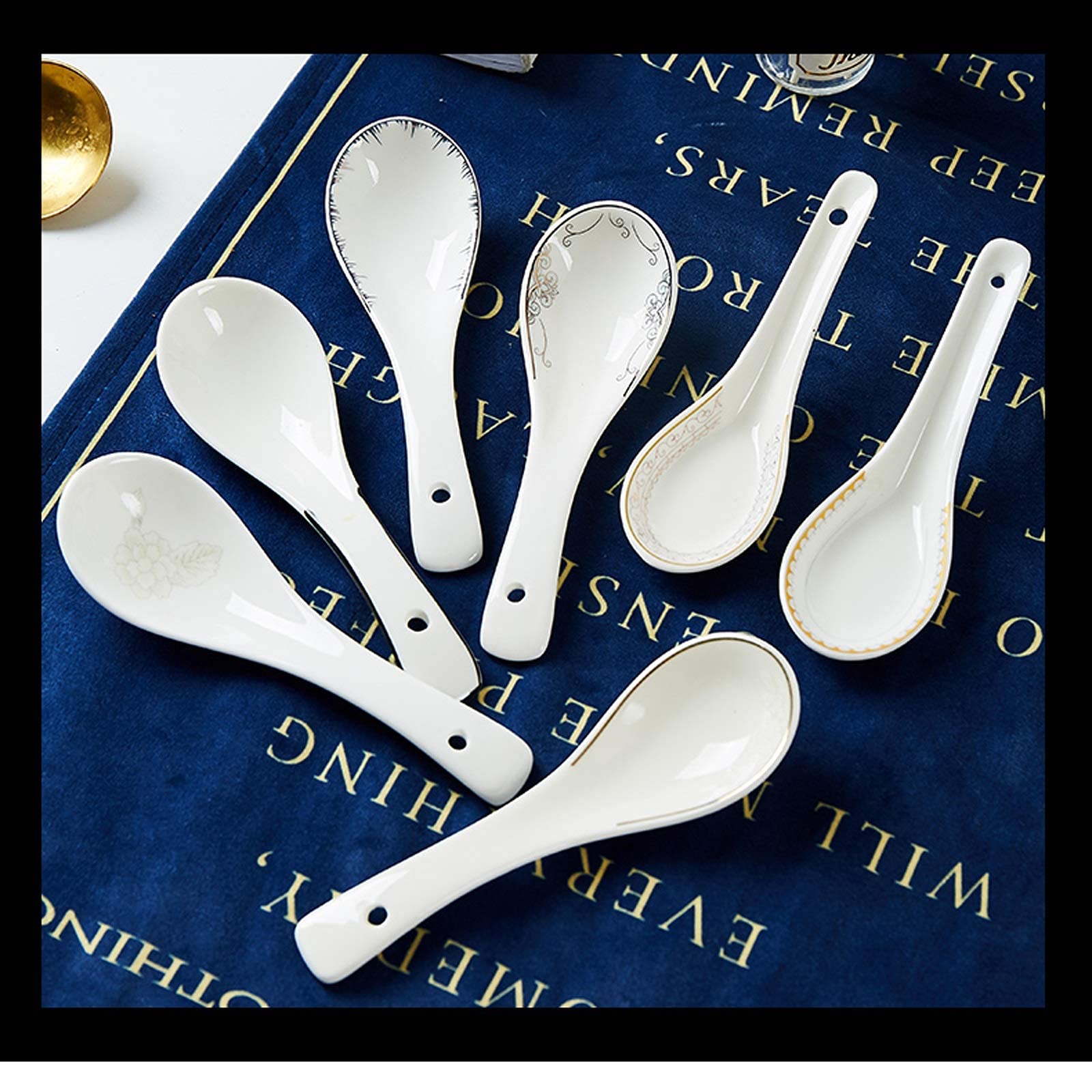Zestaw łyżek obiadowych, 10 sztuk, małe ceramiczne łyżki do zupy, prosta łyżka z porcelany kostnej, miska i spodek, zestaw naczyń Jingdezhen, łyżka obiadowa/garnek do zupy (kolor: D) (F)