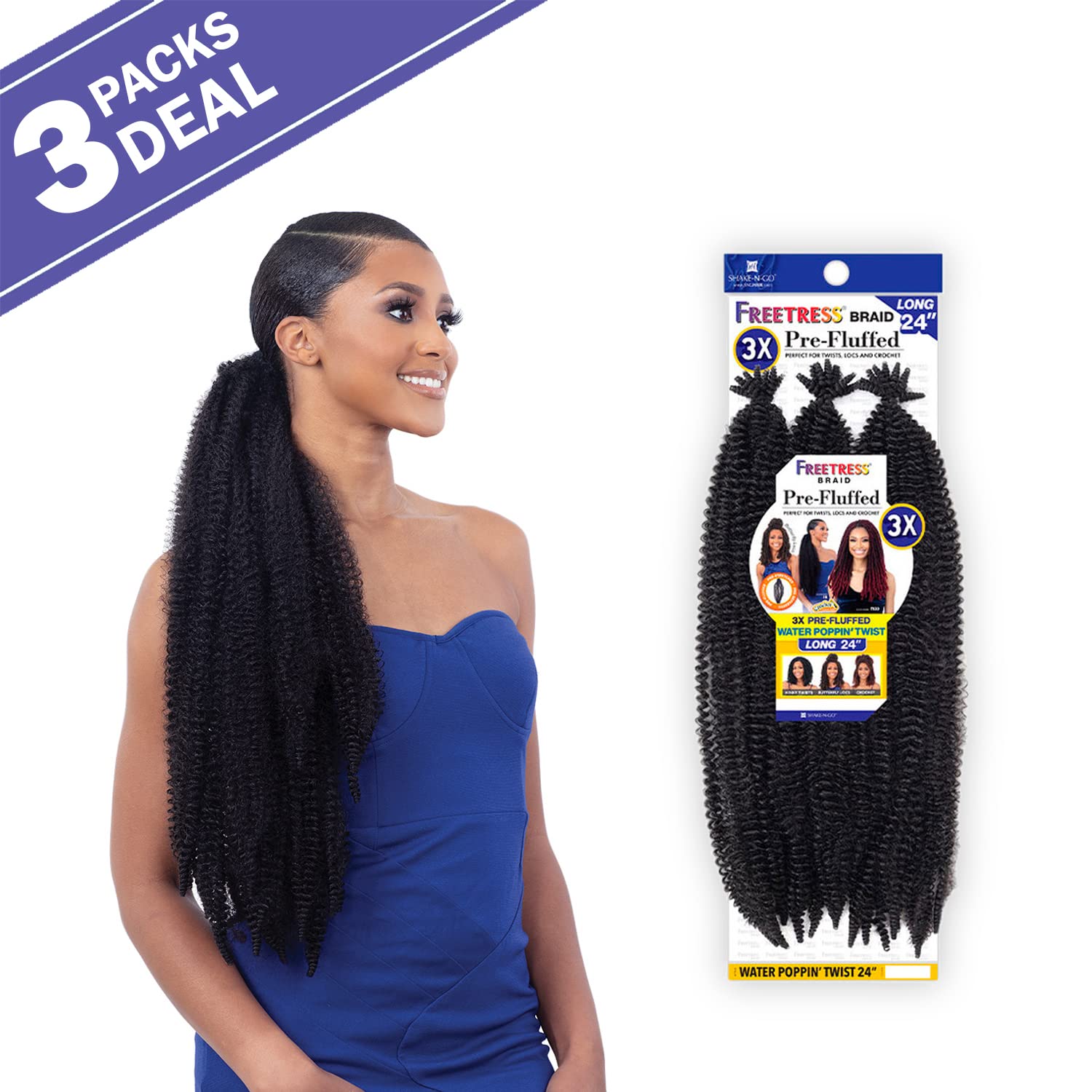 Shake N Go FreeTress Crochet Braids 3X Pre-Fluffed Water Poppin' Twist 24inch (3-pack, 1)