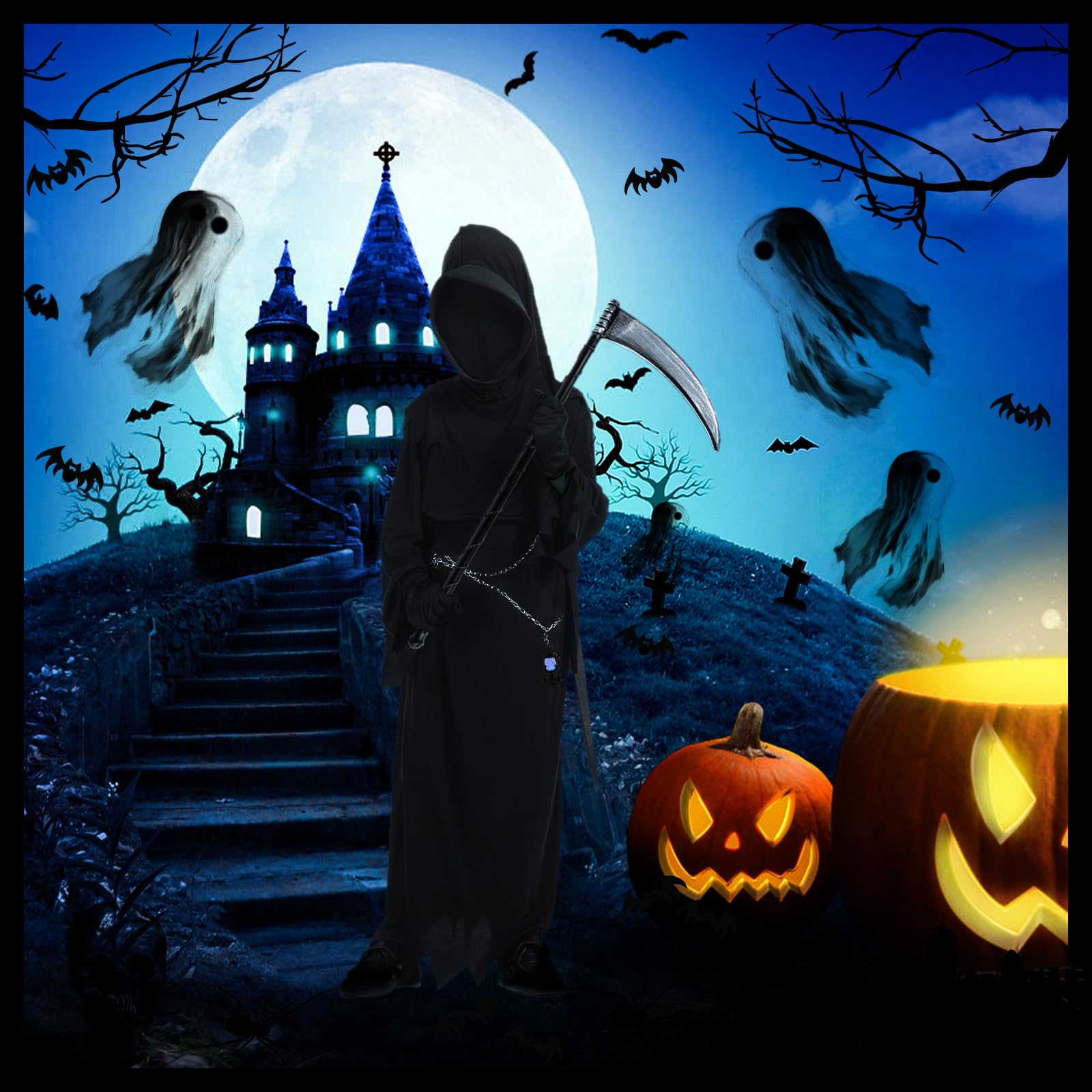 MEGETGOD Grim Reaper Costume, Scary Halloween Costumes Set including Scythe, Chain Belt, Glowing Skull Lantern - Image 3