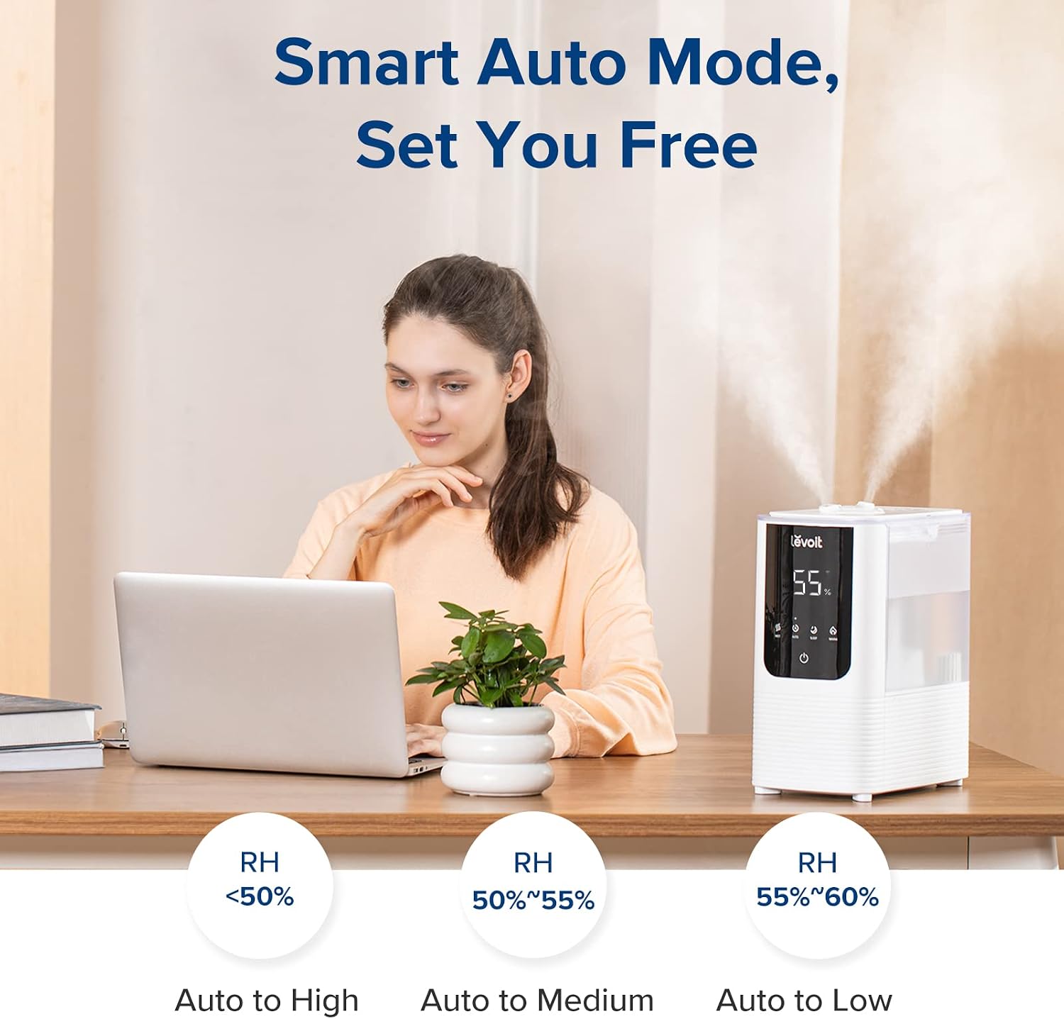 LEVOIT OasisMist Smart Cool and Warm Mist Humidifiers for Bedroom Large Room Home, Auto Customized Humidity, Ultrasonic Top Fill Oil Diffuser for Baby and Plants, Quiet, 4.5L, White