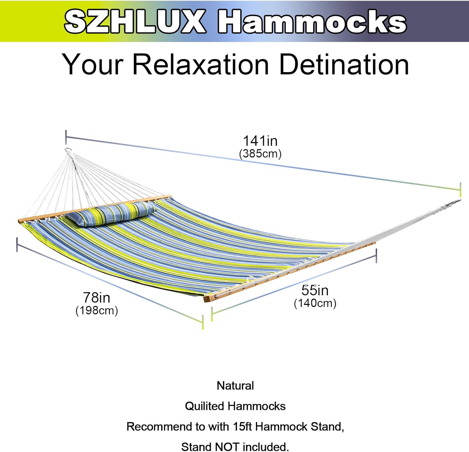 SZHLUX Outdoor Quilted Fabric Hammock with Spreader Bars and Detachable Pillow and Chains,Outdoor Patio Backyard Poolside, 450 LBS Weight Capacity, Green