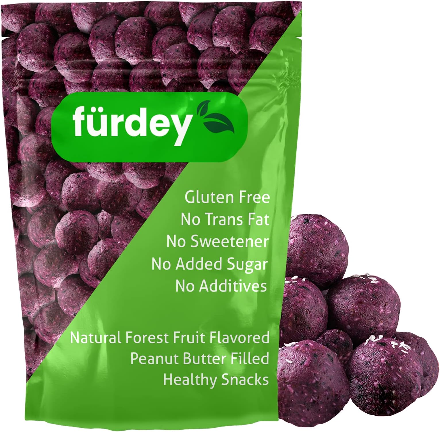 FÜRDEY Peanut Butter Filled Healthy Snacks To-Go, Gluten-Free, Vegan&High Fibre Snack Balls,100% Natural Ingredients,No Trans Fat,No Sweetener and No Sugar Added, 90 g (Natural Forest Fruit Flavored)