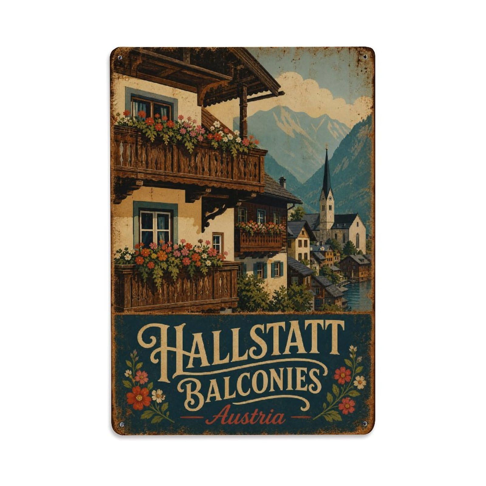 Gead 8X12inch Style Vintage Travel Hallstatt Austria Balconies Metal Tin Sign