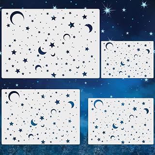 4 Pack Star Stencil for Painting Star Wall 4 Sizes Template Reusable Plastic Twinkle Starburst Stencils for Wood Canvas Fabric, Use for Flag Day Home Decor DIY Crafts(Stars and Moon)