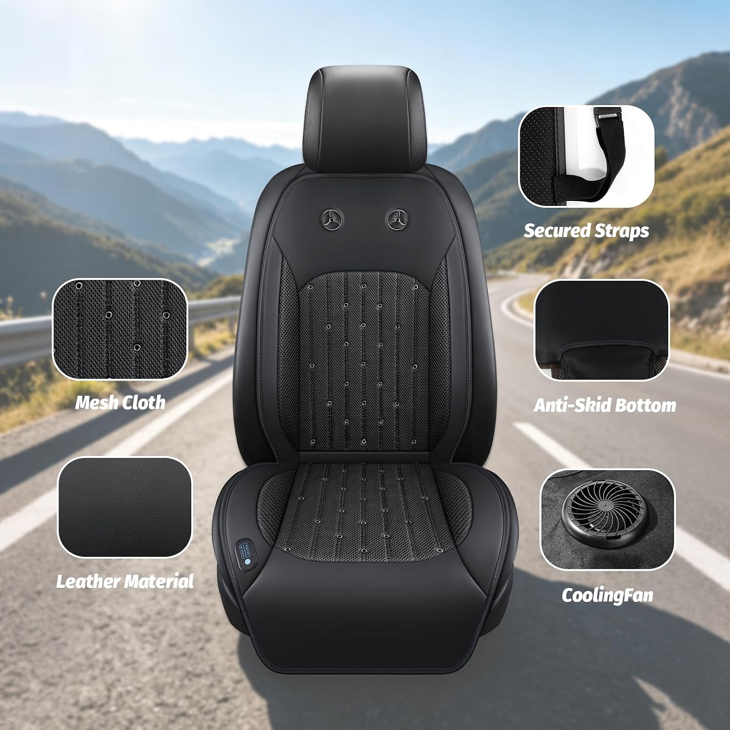 Cooling Car Seat Cover with 2 Powerful Turbo Fans – 12V-24V Ventilated Car Seat Cushion, 3-Speed Breathable Cooling Pad for Sweaty Back, Universal Fit for Car SUV Truck (Black)