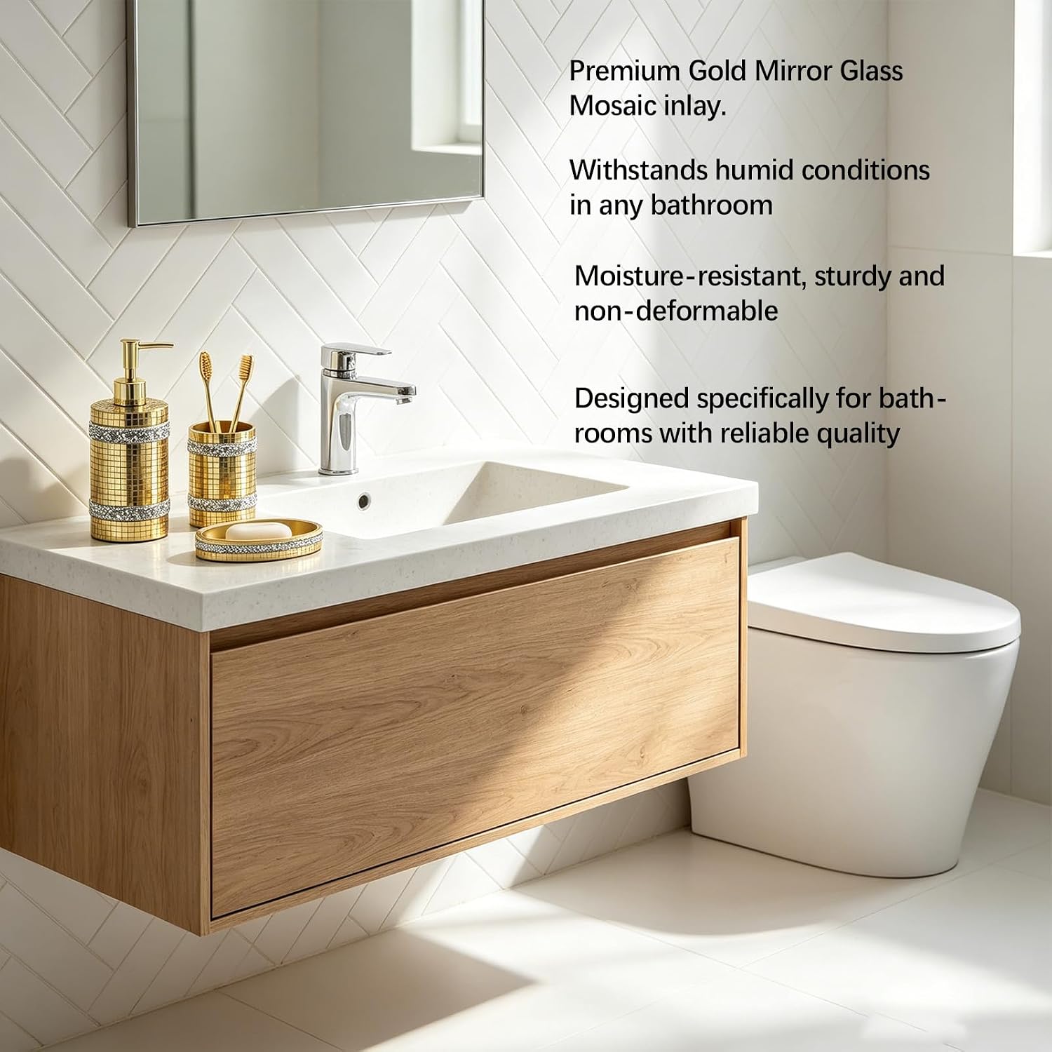 Gold Bathroom Accessories Set, Mosaic Decoration 4-piece Set | Deluxe gold mosaic bathroom 4-piece set,including soap dispenser,soap tray,toothbrush cup,partitioned toothbrush holder