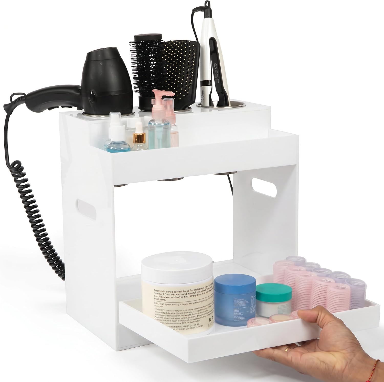 Hair Tool Organizer Countertop Extra Wide Bay | Bathroom & Hot Tools Organizer For Hair | Hairdryer Holder For Bathroom Vanity | Hot Tools Storage for Curling Iron Straightener, 3 Stainless Cups White