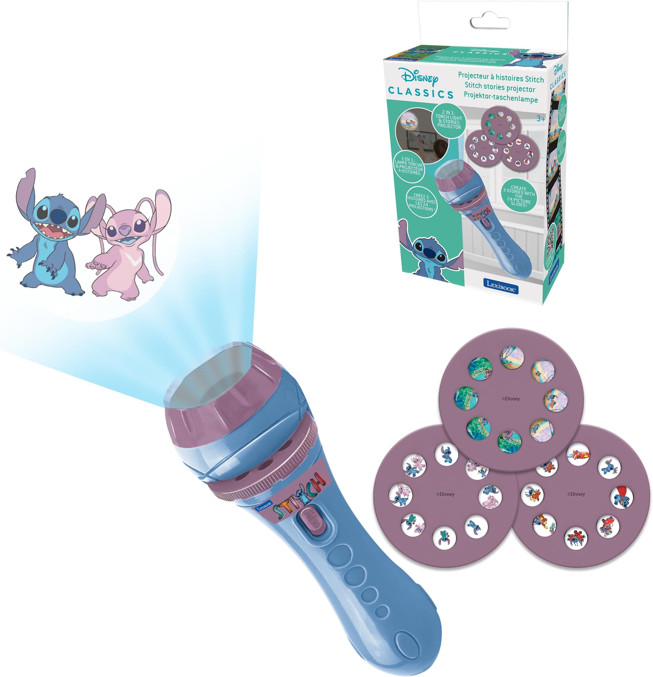 Disney Stitch - Stories projector, torch light and projector with 3 discs, 24 images, create your own stories, LTC050D