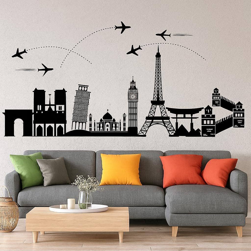 - StickMe Travel The World Wall Sticker | World Wonders, Tour & Airplane Theme Décor | Multi-Color Vinyl, 100cm x 50cm | Perfect for Travel Lovers, Kids Room, Living Room & Office Walls