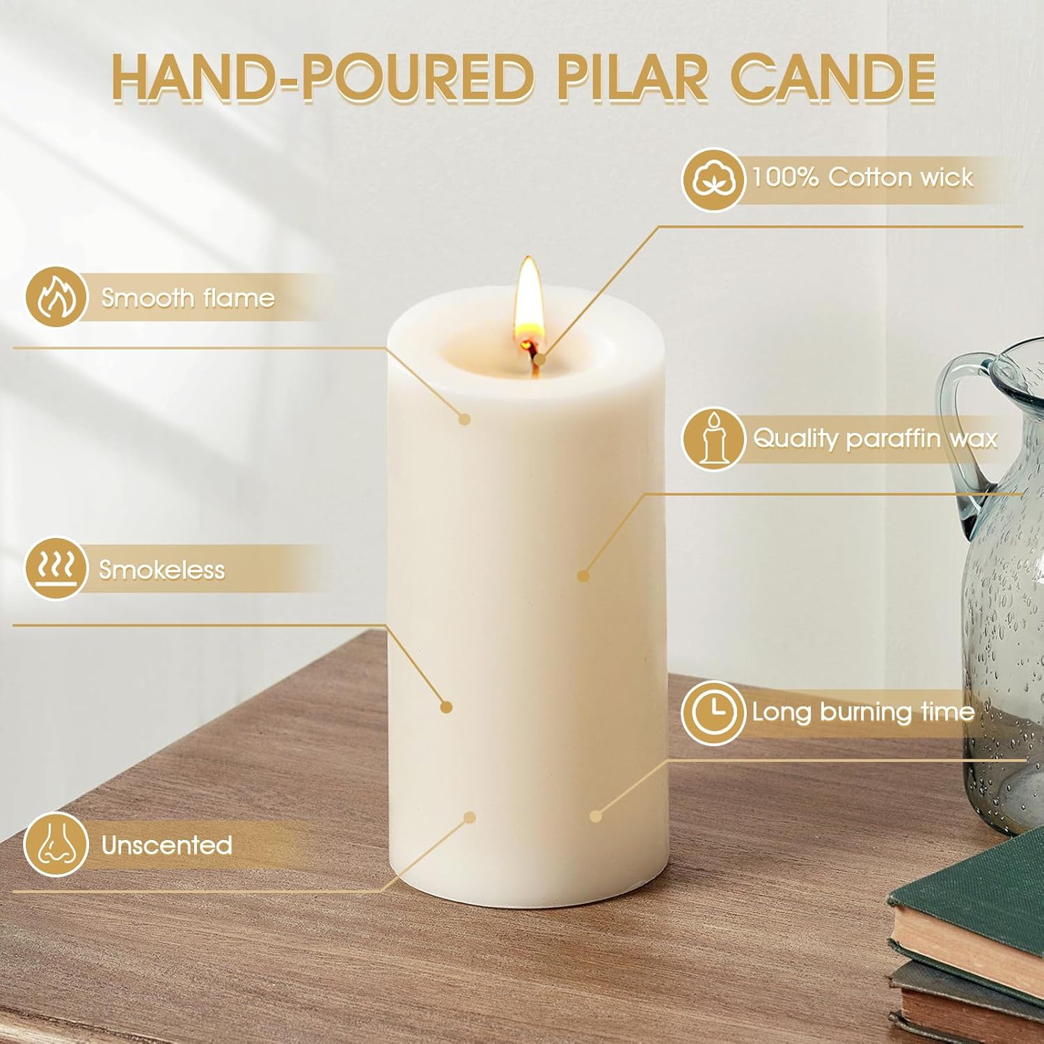 Uscented Pillar Candles, Ivory Pillar Candle Set of 4, 3 x 6 Inch Dripless and Smokeless Large Pillar Candles for Dinner Table, Christmas and Home Decor 45 Hours Long Burning Time